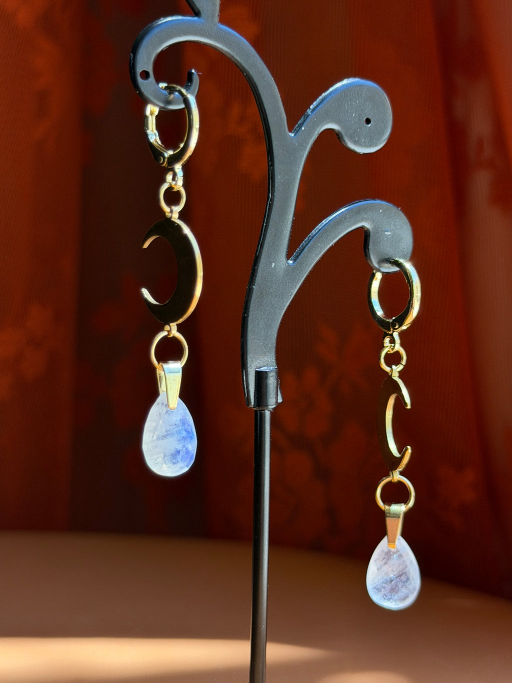 crescent briolette moonstone earrings - gold