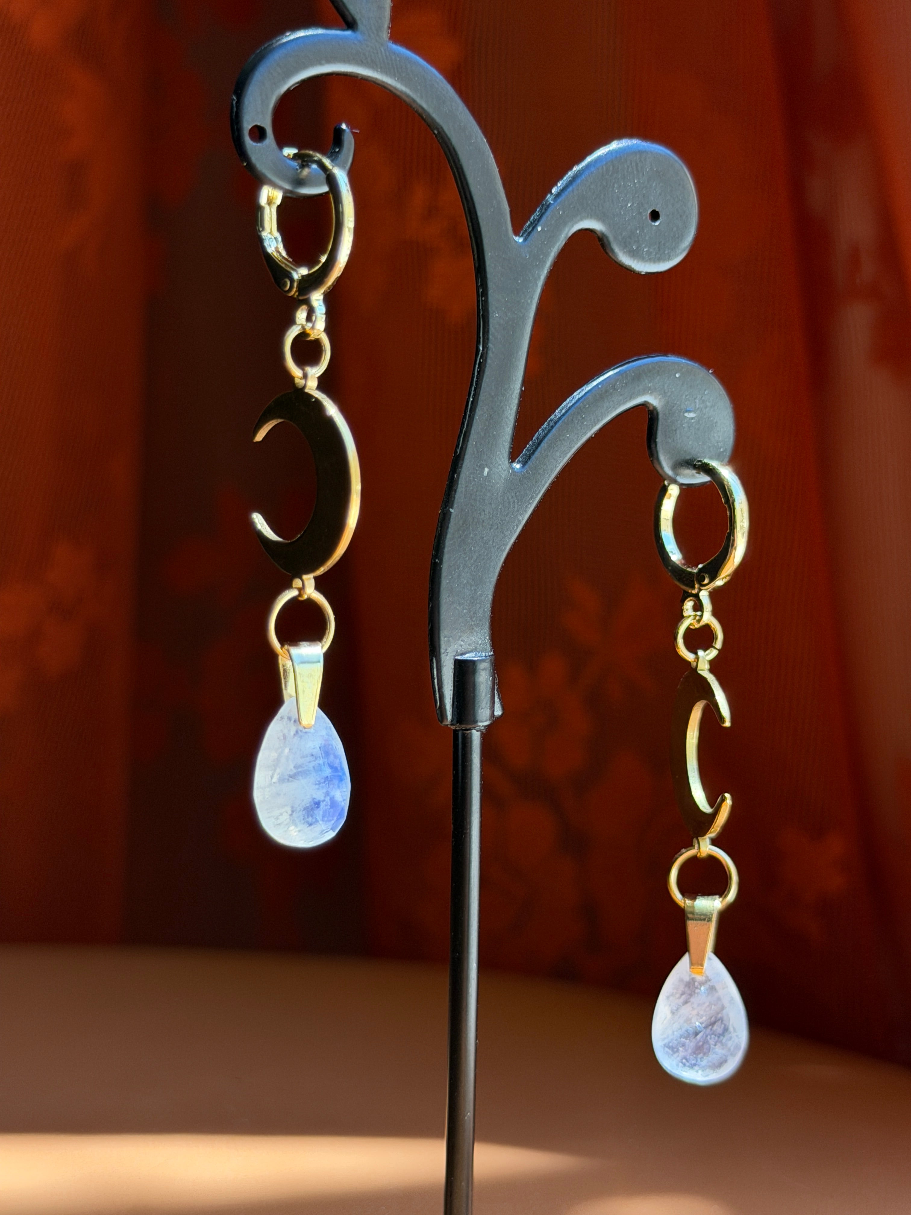 crescent briolette moonstone earrings - gold