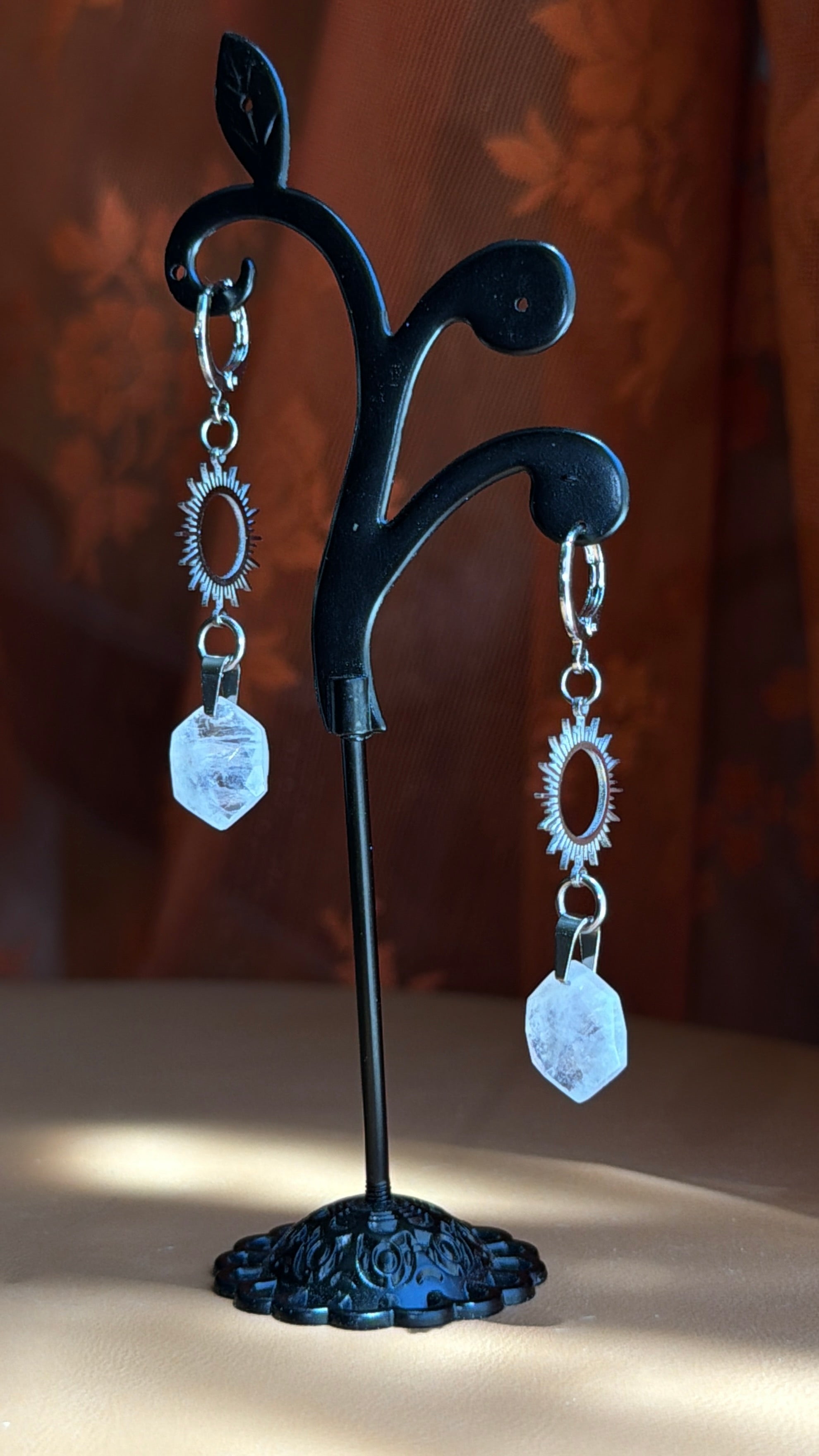 sunburst hex moonstone earrings - silver