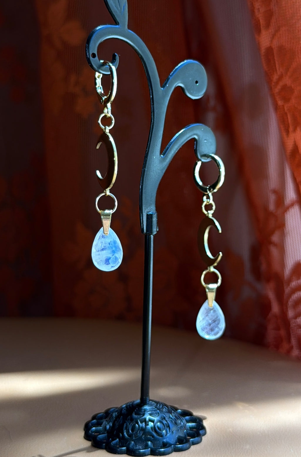 crescent briolette moonstone earrings - gold