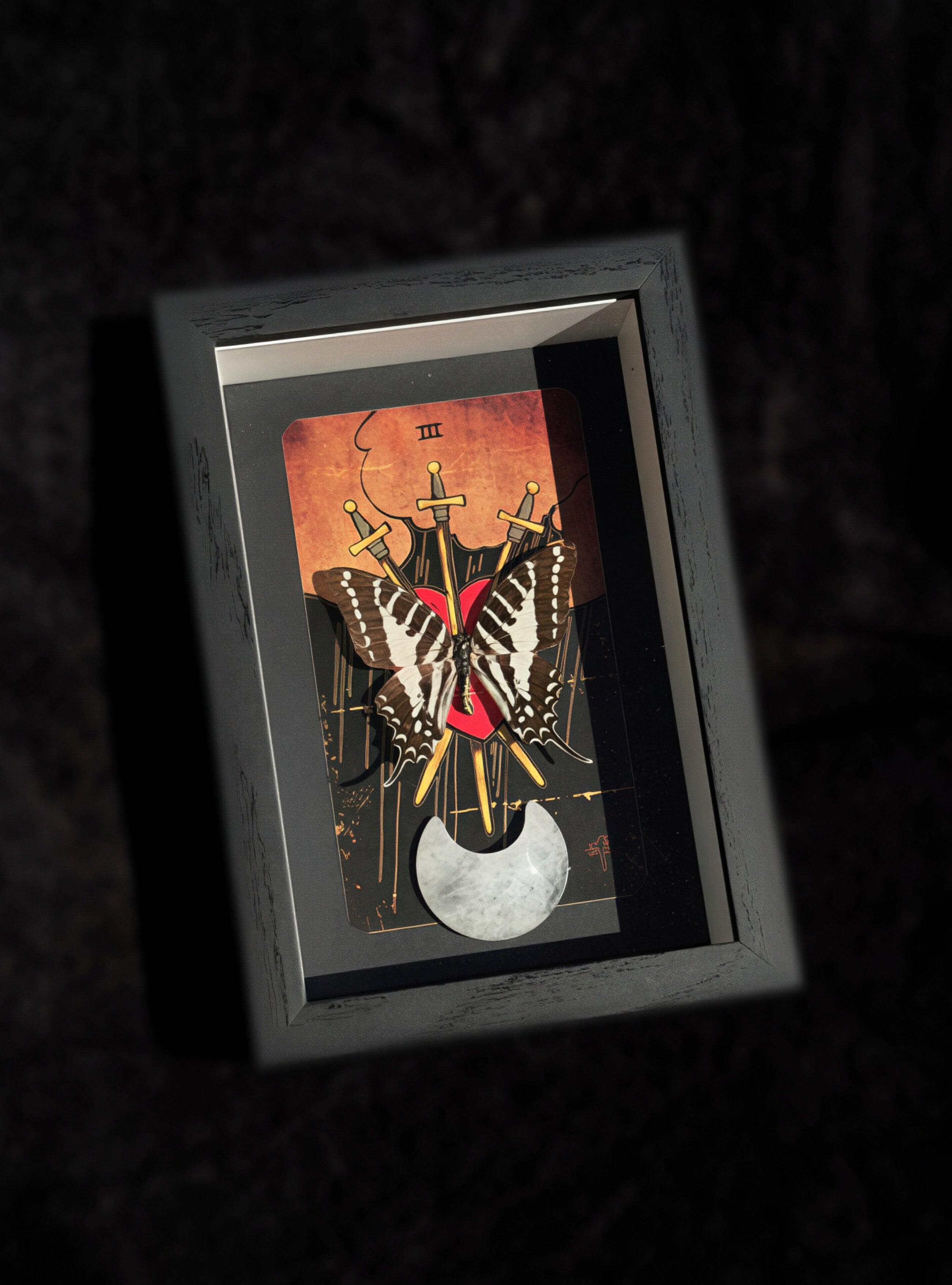 swordtail butterfly “three of swords” tarot collection w/ clear quartz moon