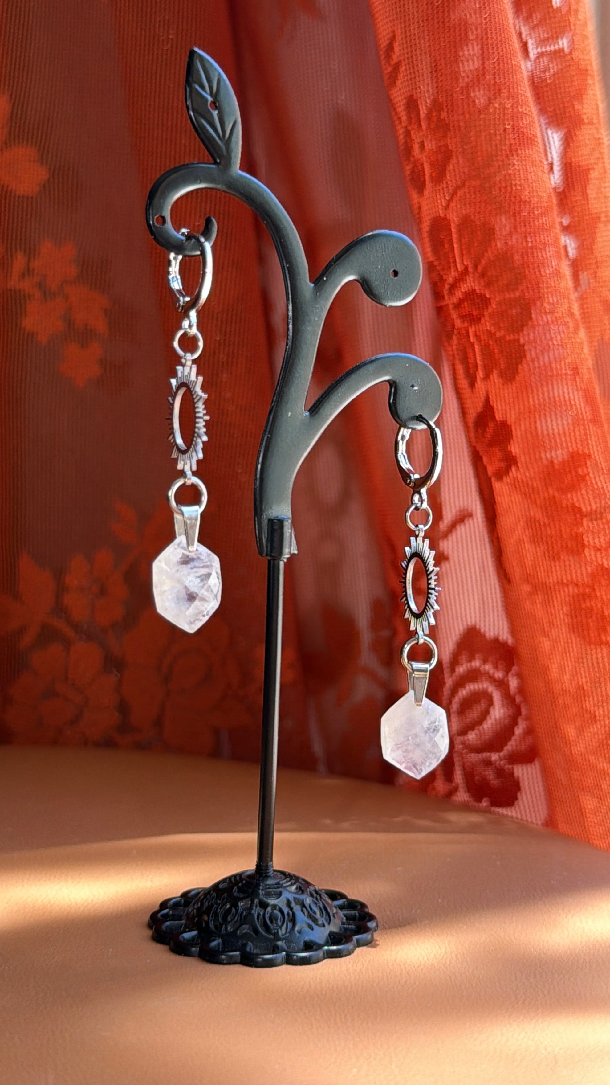 sunburst hex moonstone earrings - silver