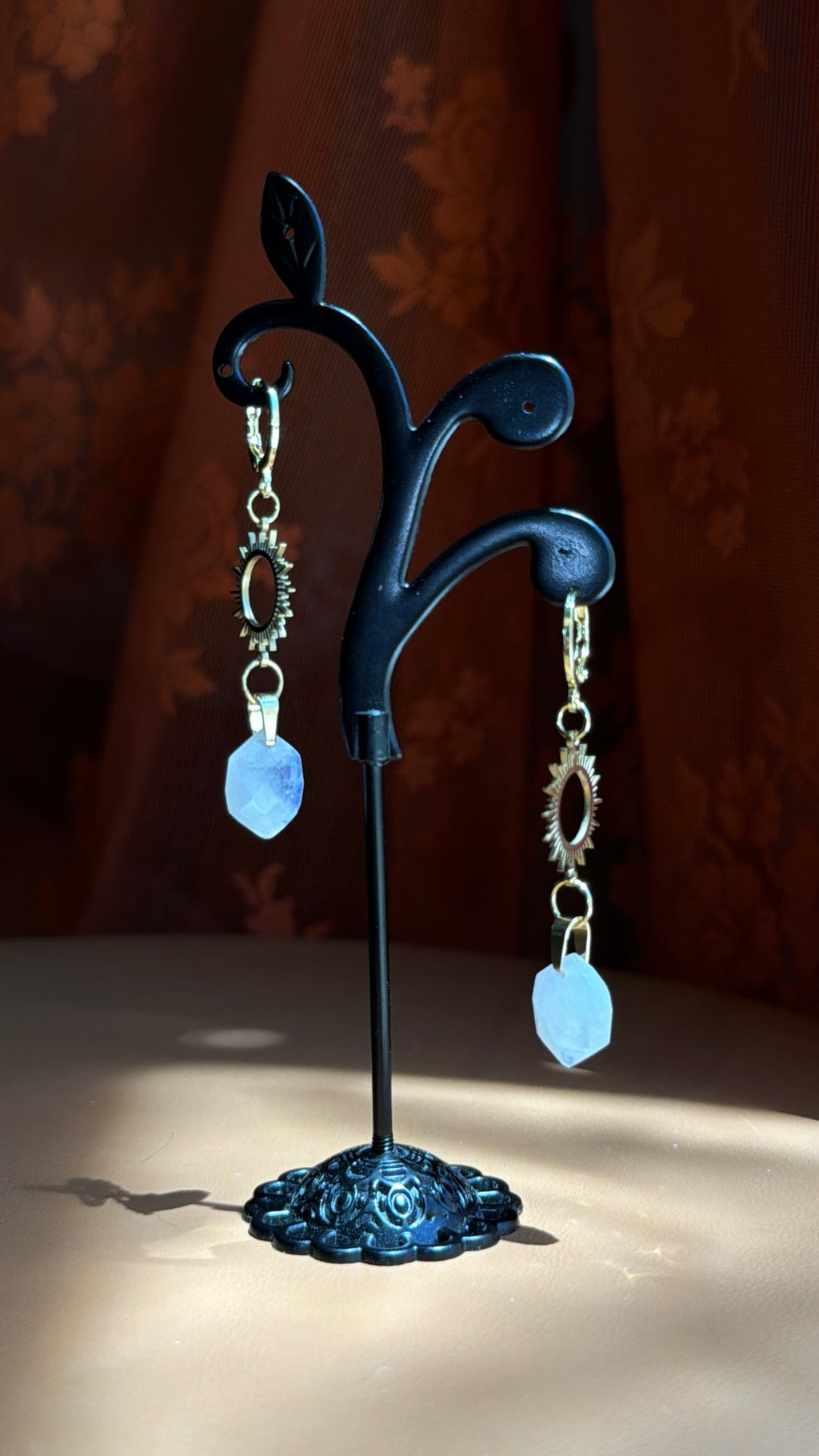 sunburst hex moonstone earrings - gold
