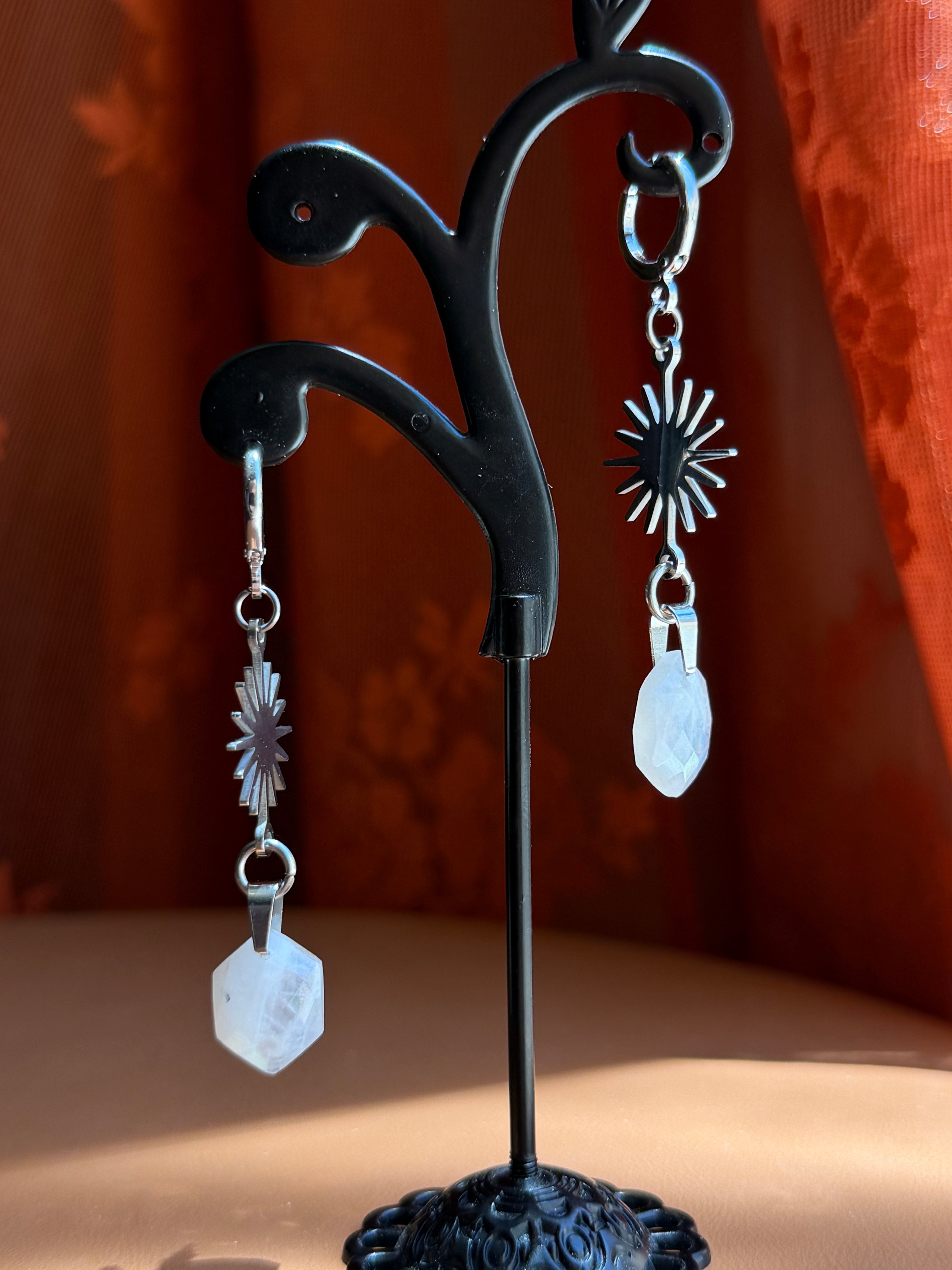 sunflare hex moonstone earrings - silver