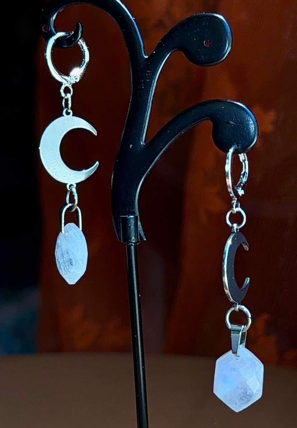 crescent hex moonstone earrings - silver