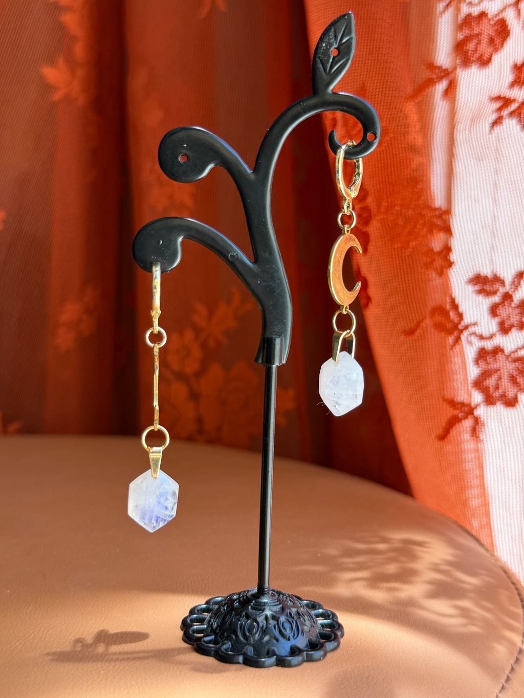crescent hex moonstone earrings - gold