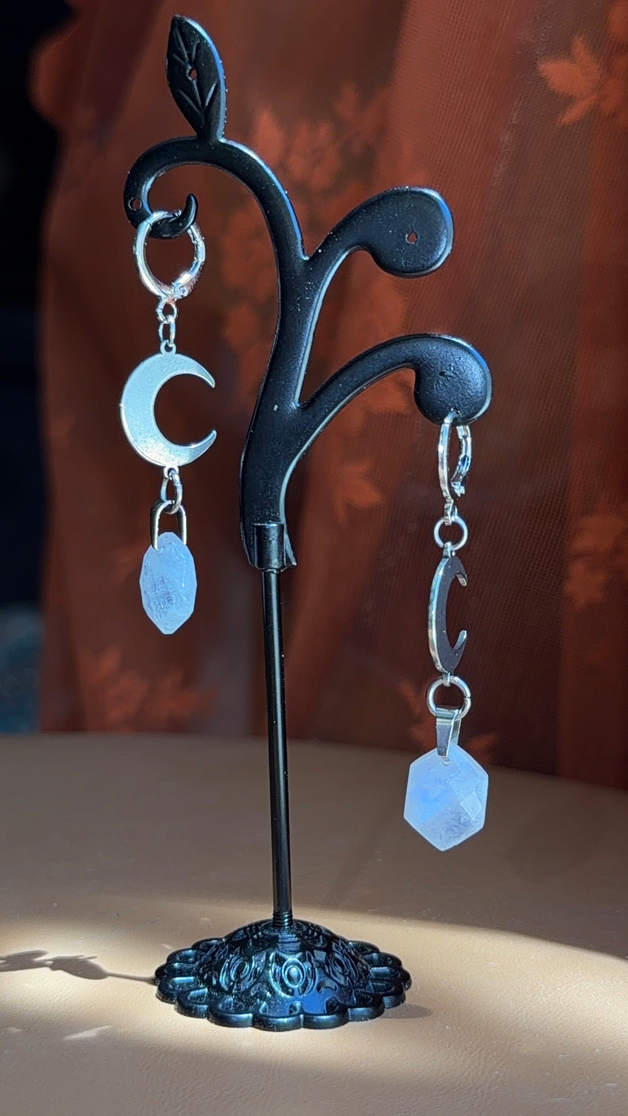 crescent hex moonstone earrings - silver