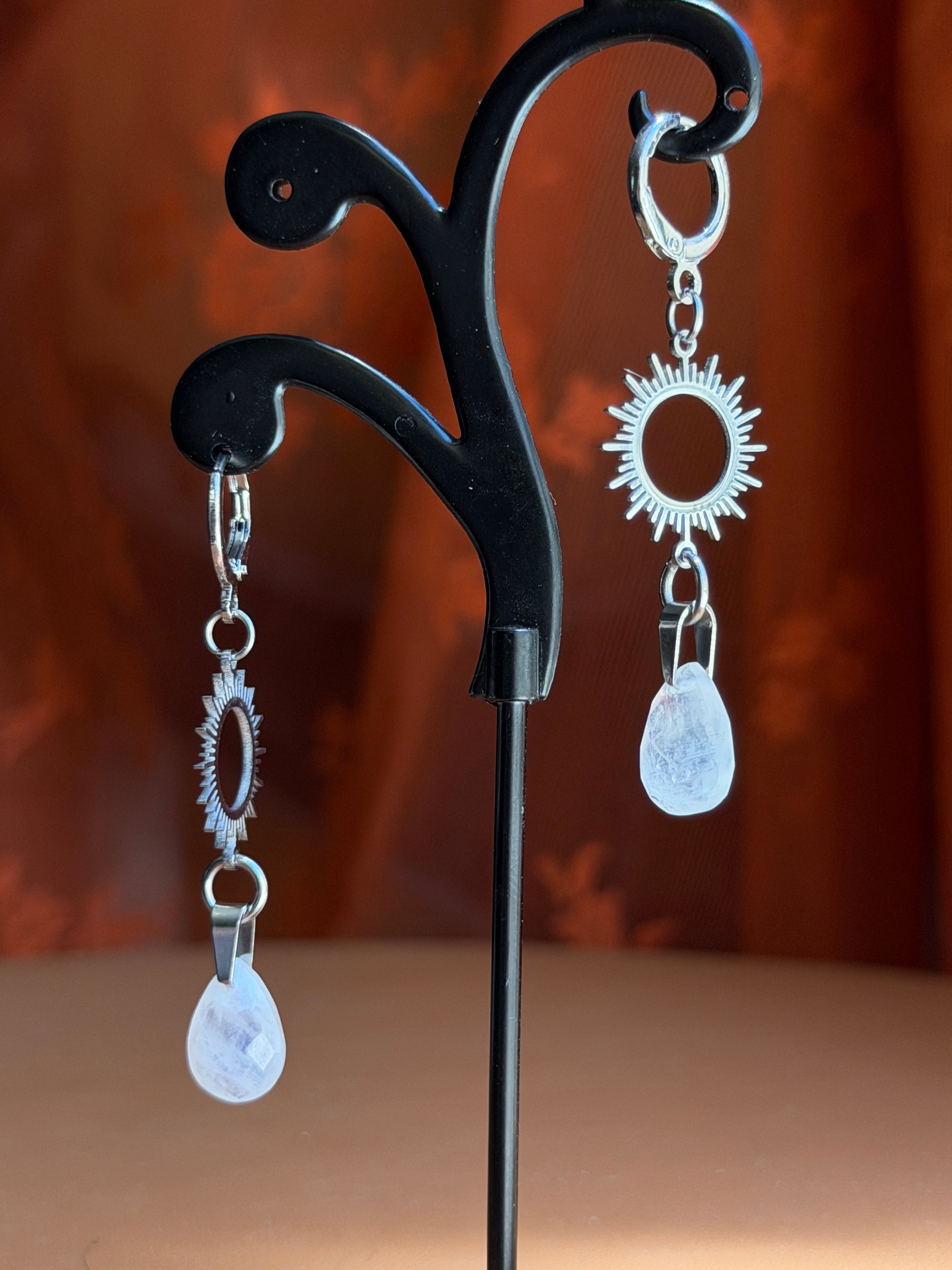 sunburst briolette moonstone earrings - silver