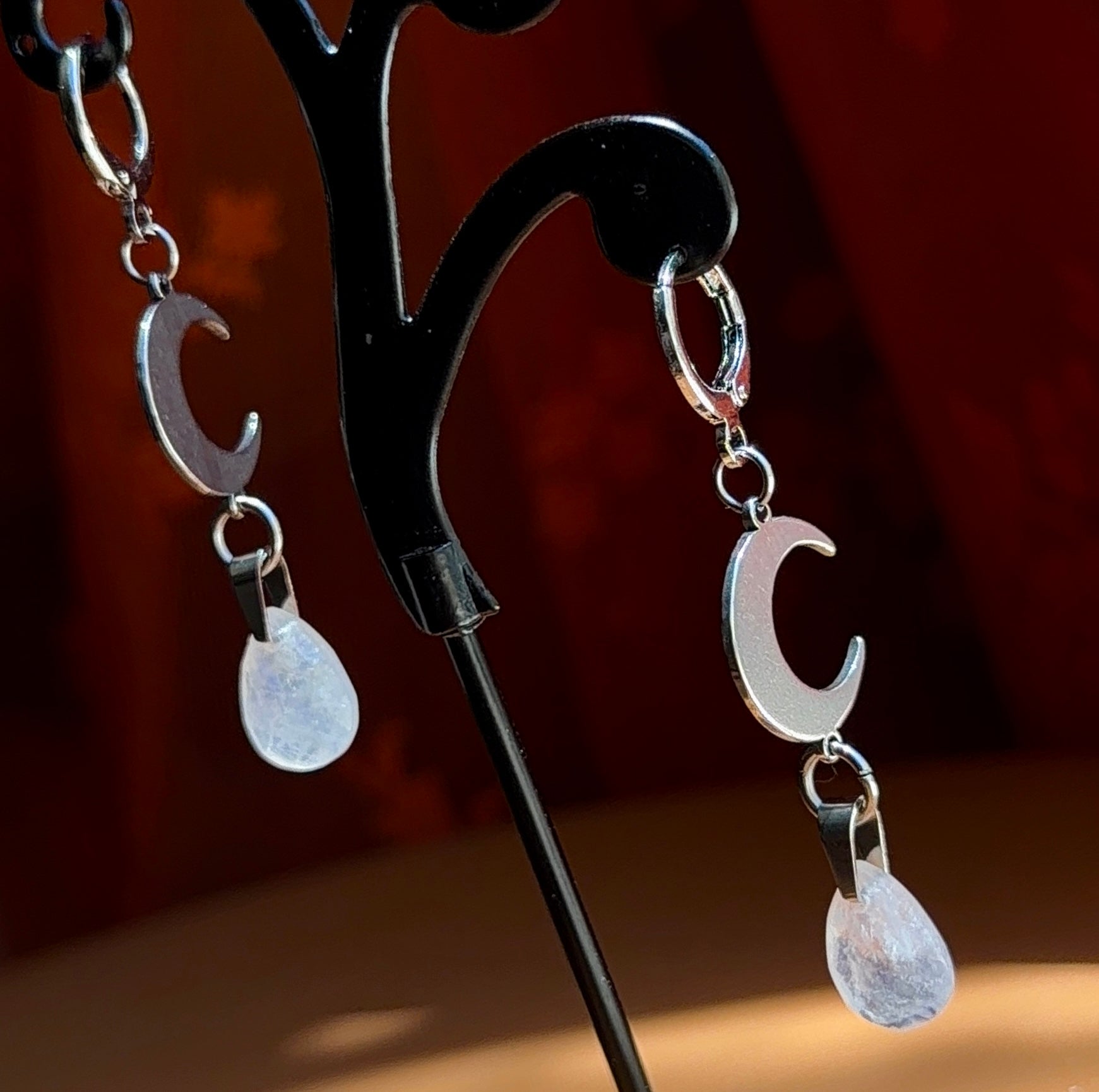 crescent briolette moonstone earrings - silver