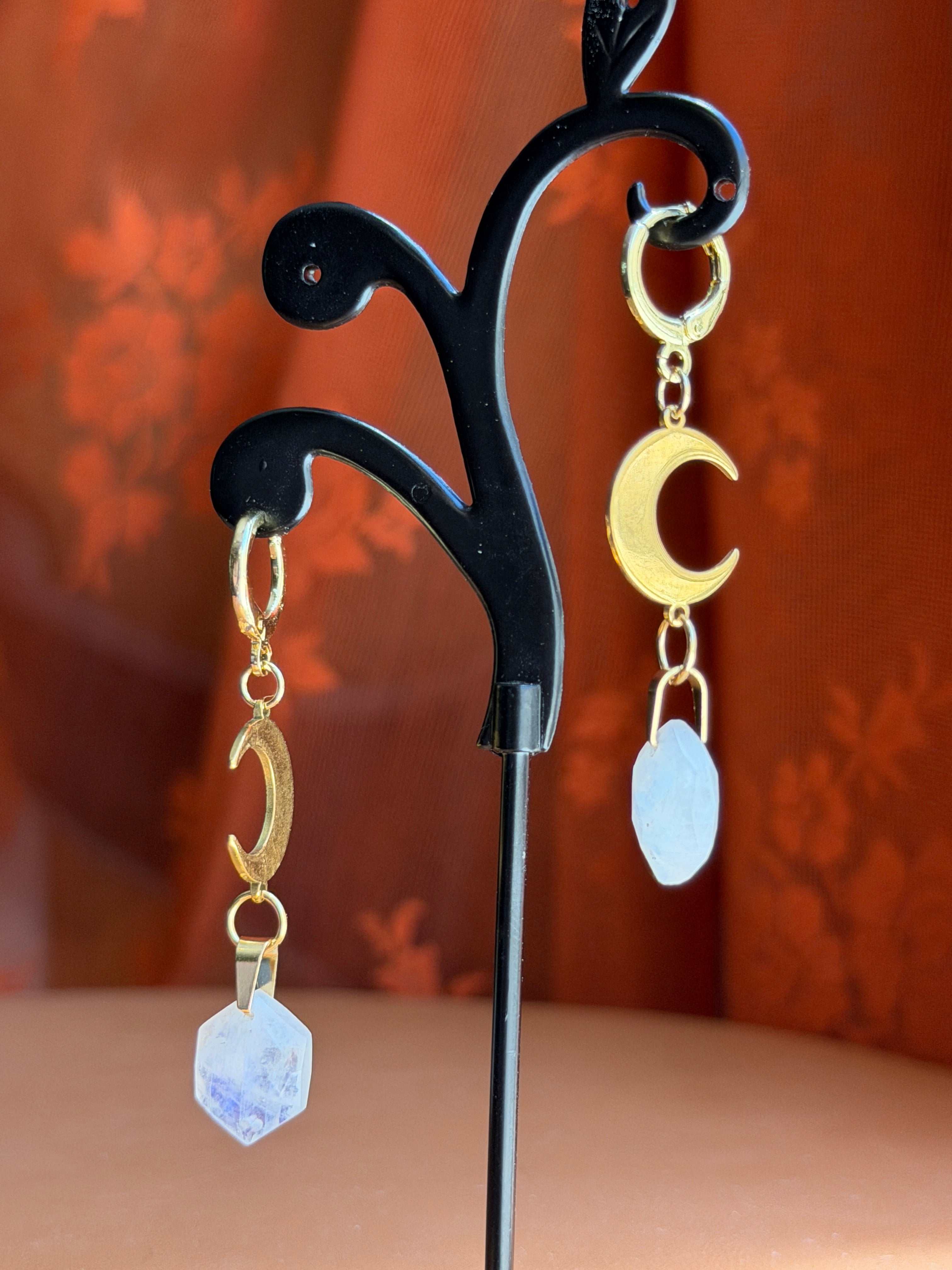 crescent hex moonstone earrings - gold