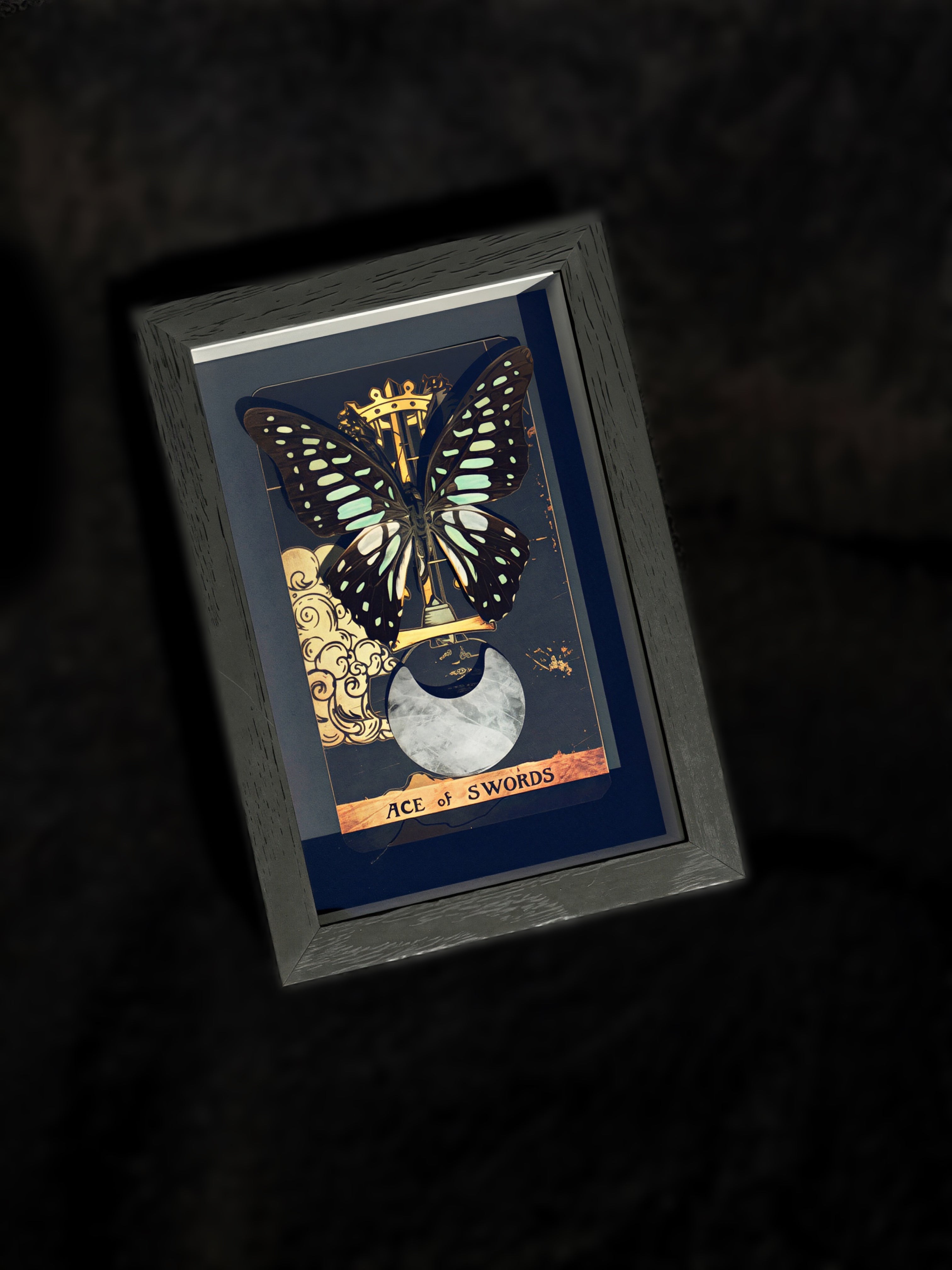 common jay butterfly “ace of swords” tarot collection w clear quartz moon