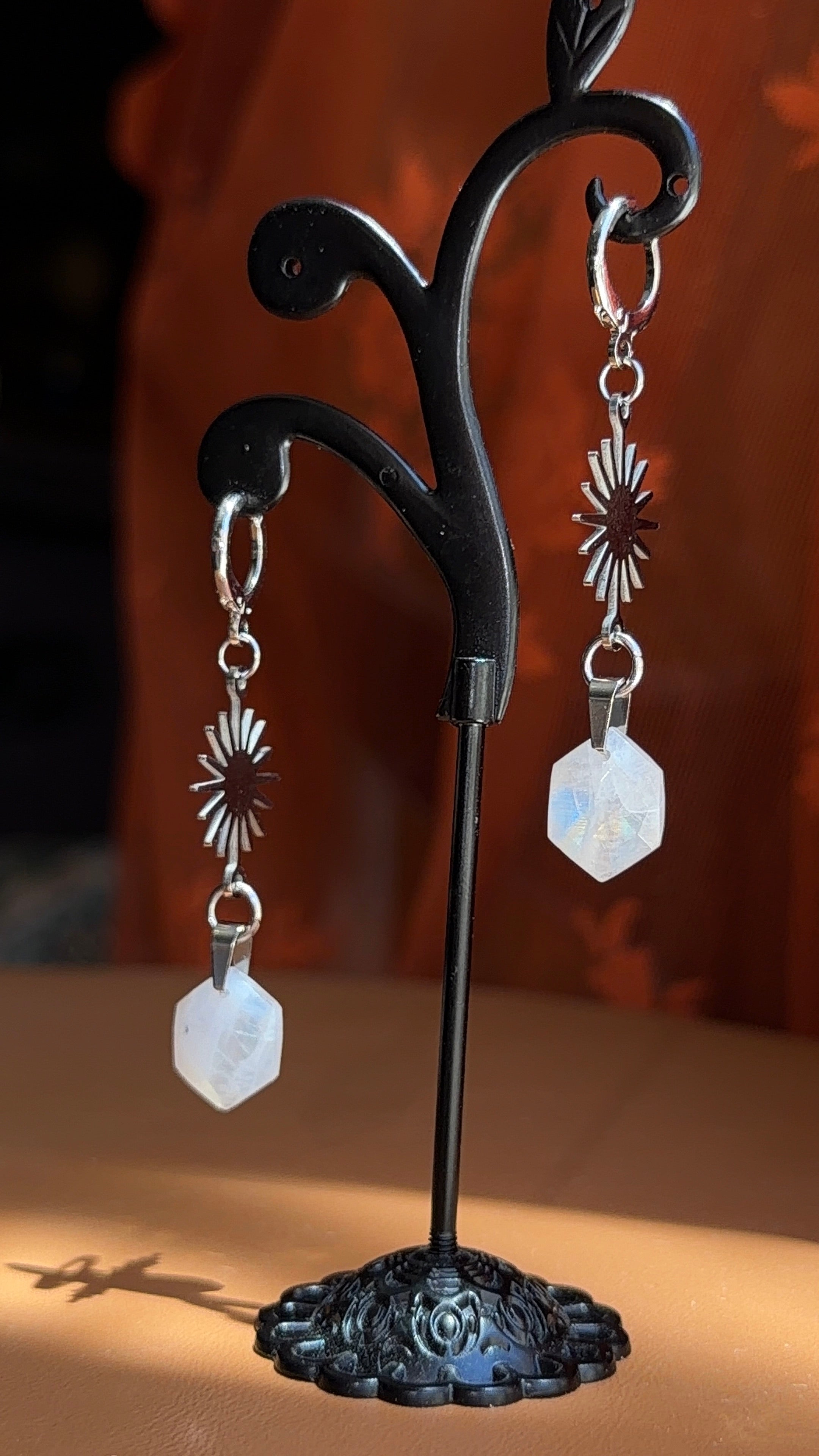 sunflare hex moonstone earrings - silver
