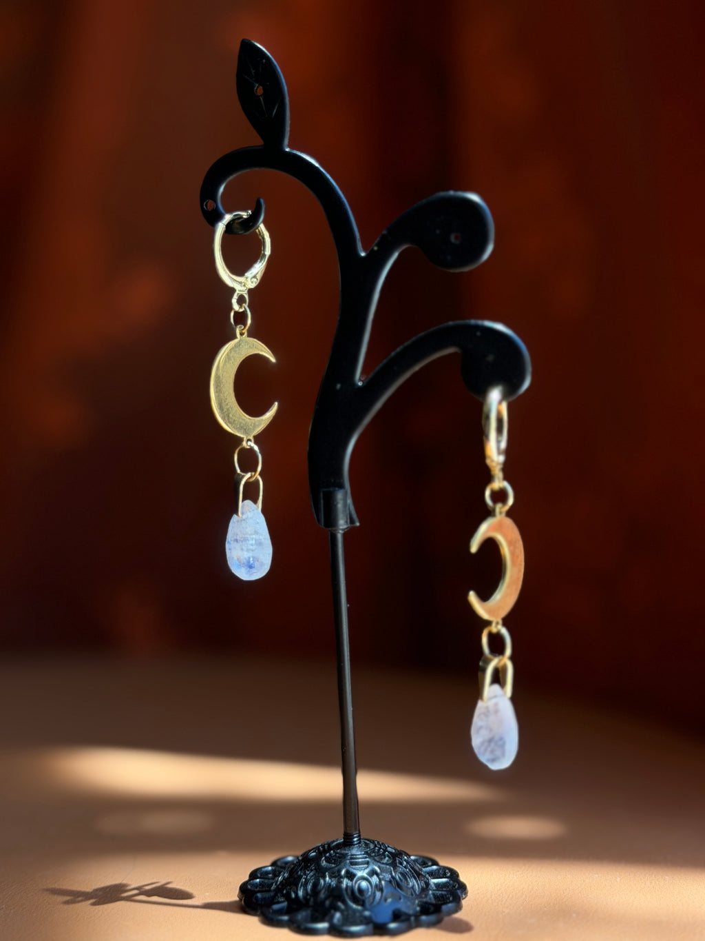 crescent briolette moonstone earrings - gold