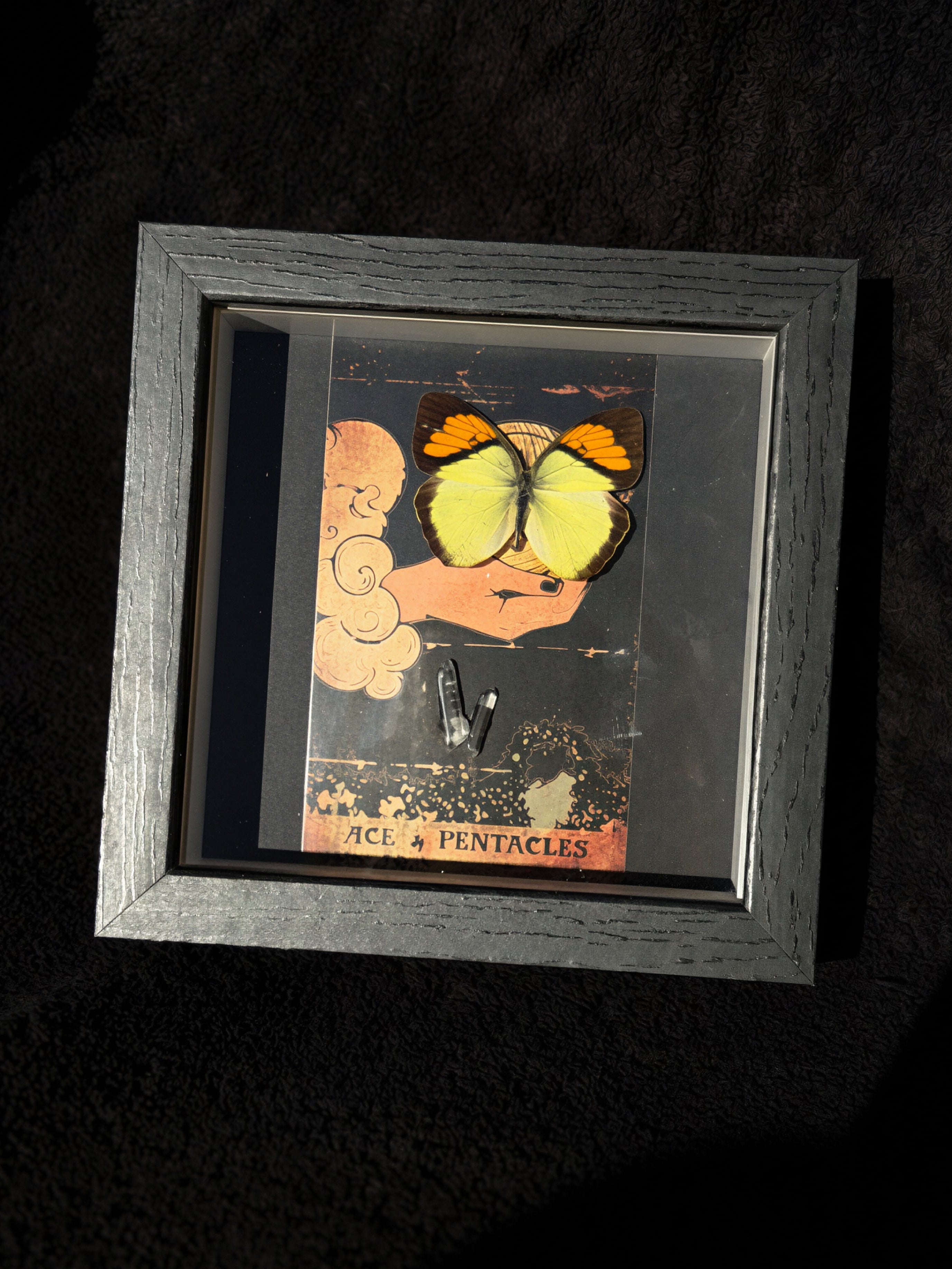 yellow orange tip butterfly “ace of pentacles” tarot collection w/ clear quartz