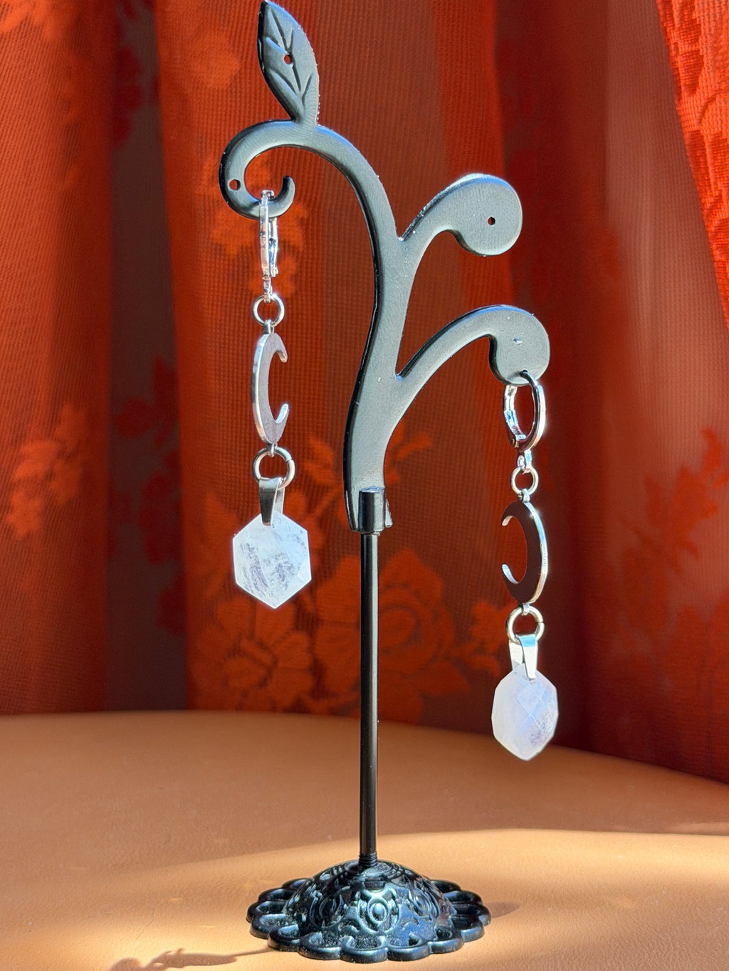 crescent hex moonstone earrings - silver