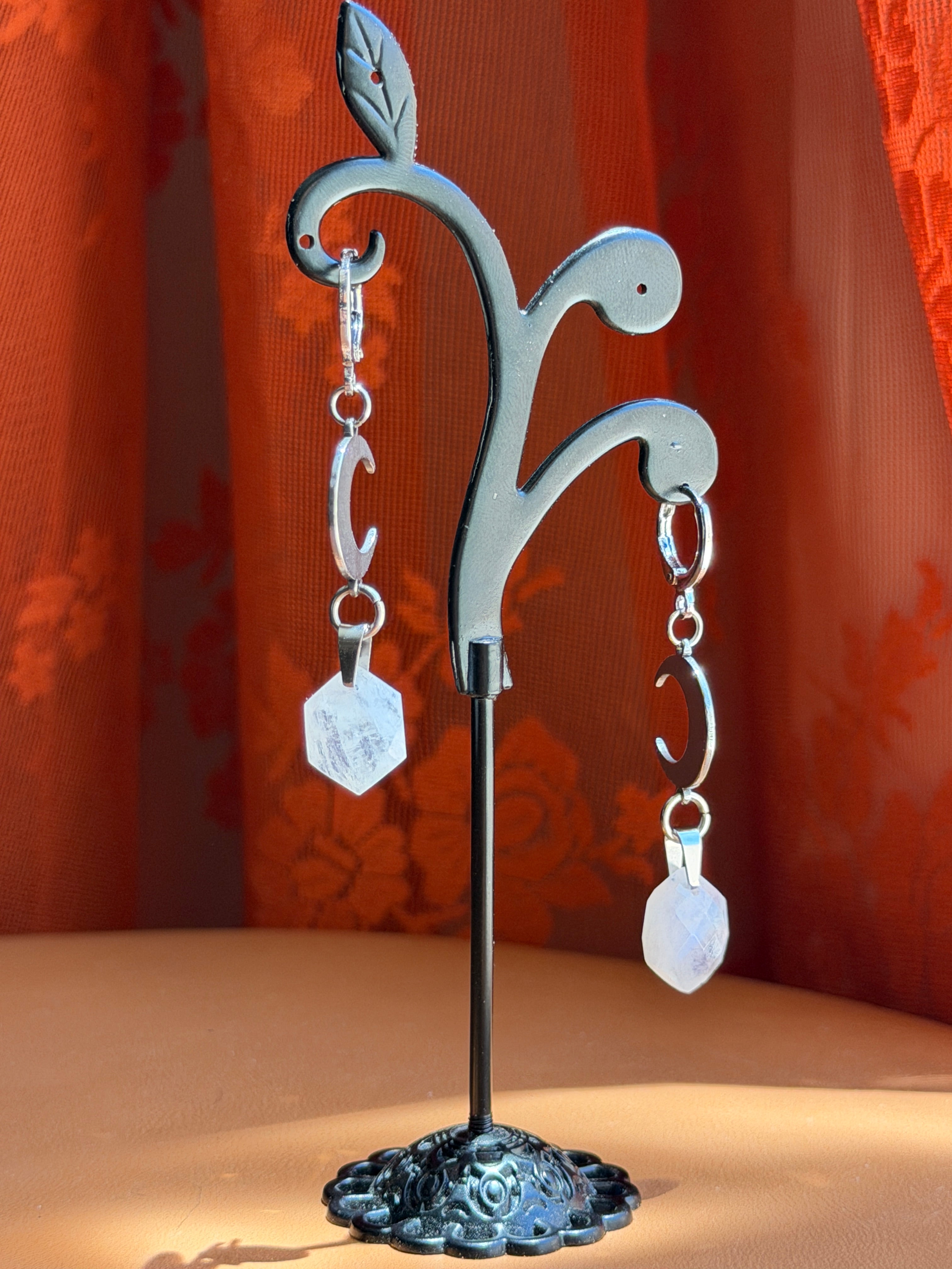 crescent hex moonstone earrings - silver
