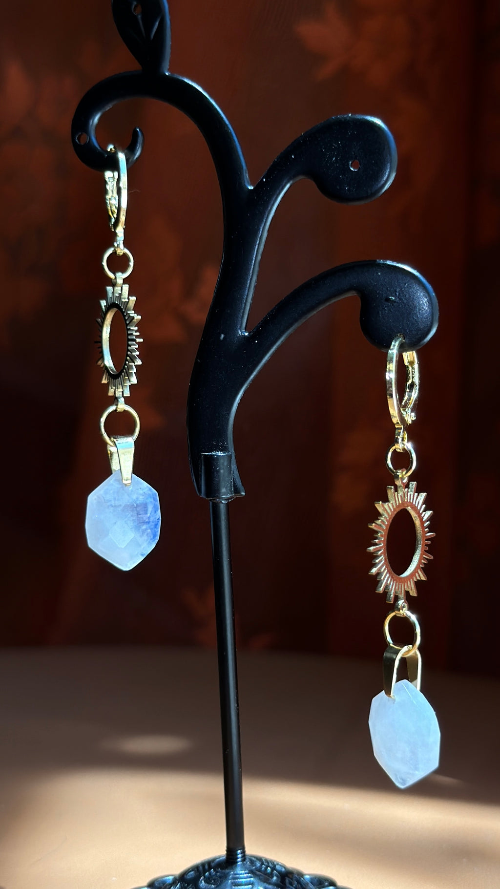 sunburst hex moonstone earrings - gold