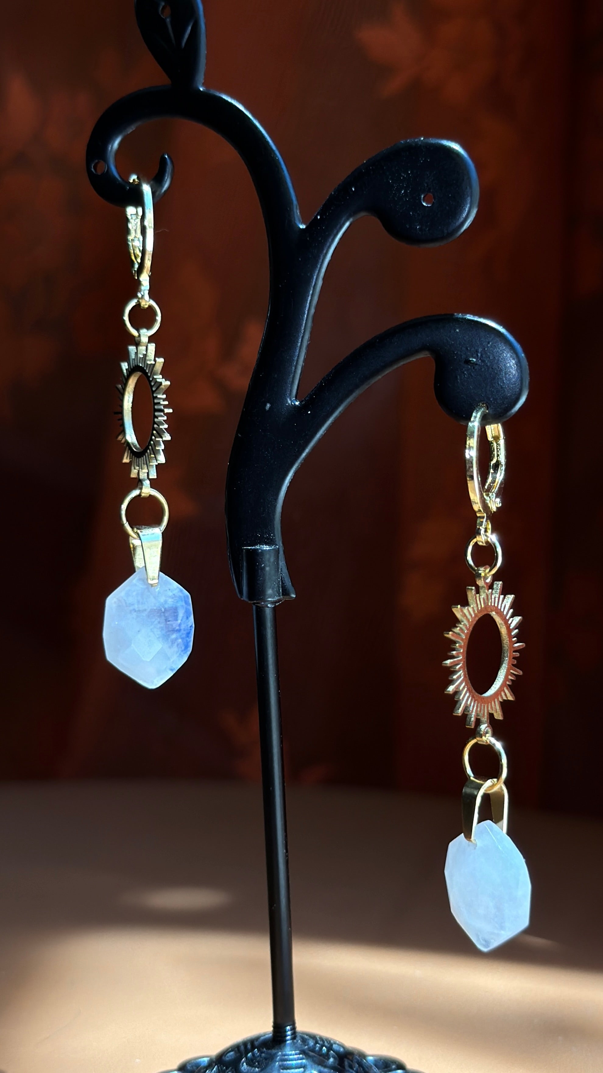 sunburst hex moonstone earrings - gold
