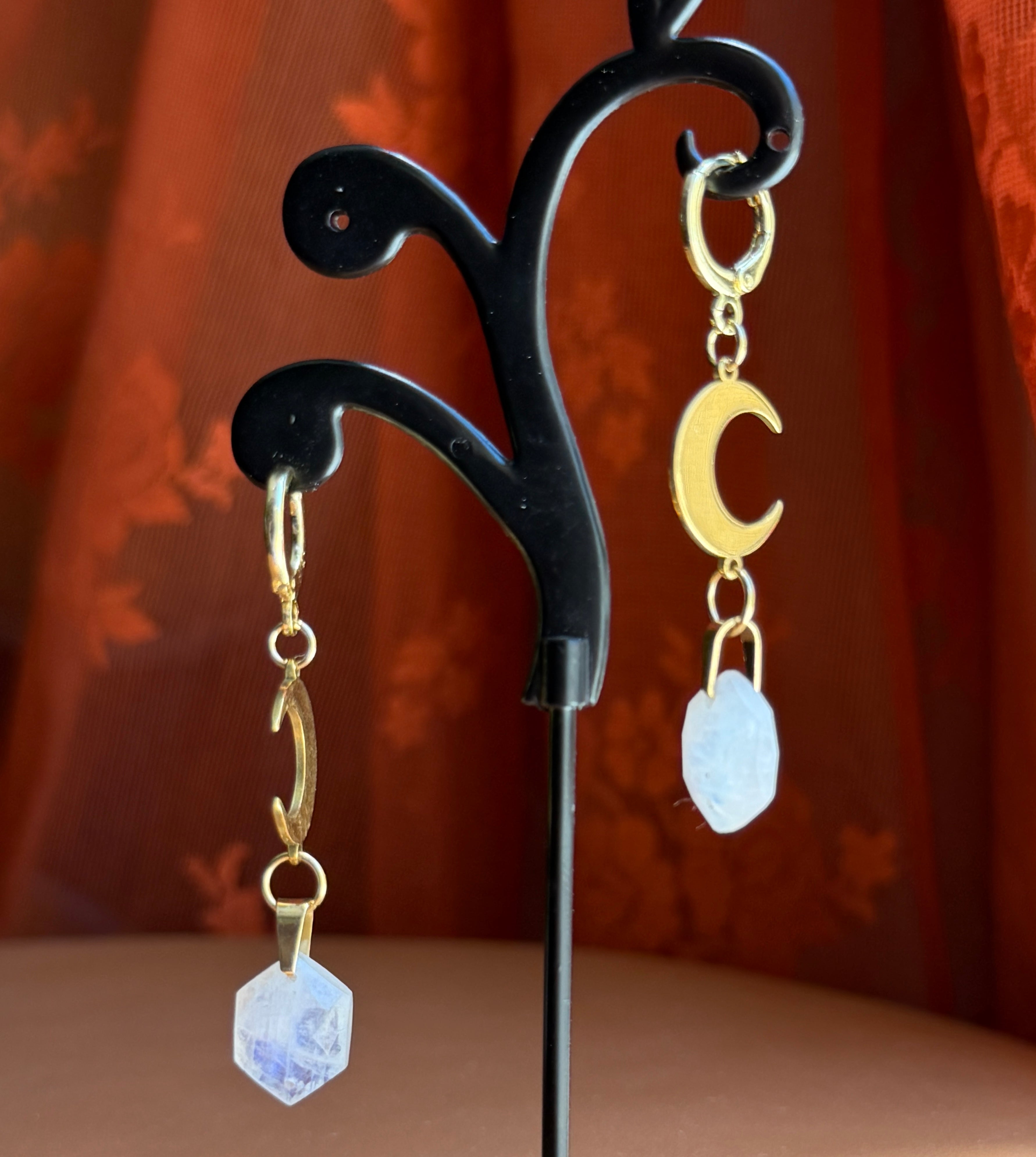 crescent hex moonstone earrings - gold