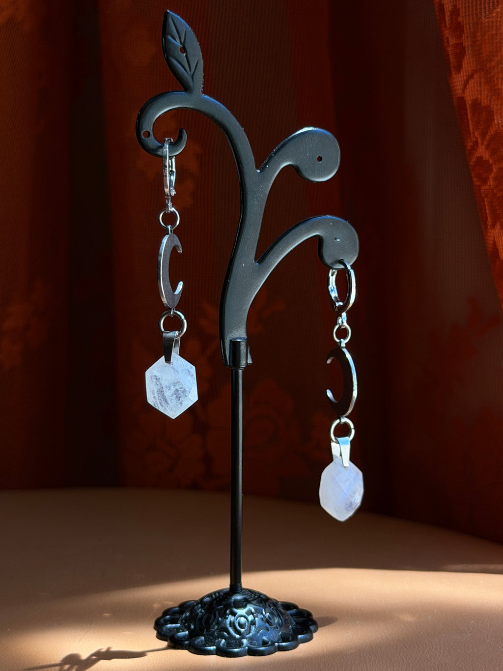 crescent hex moonstone earrings - silver
