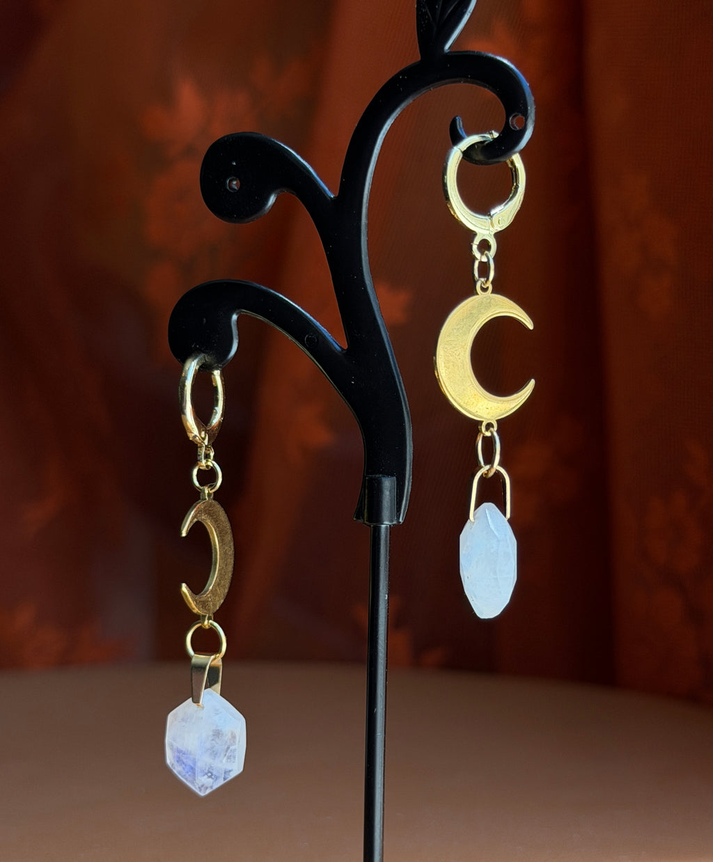 crescent hex moonstone earrings - gold