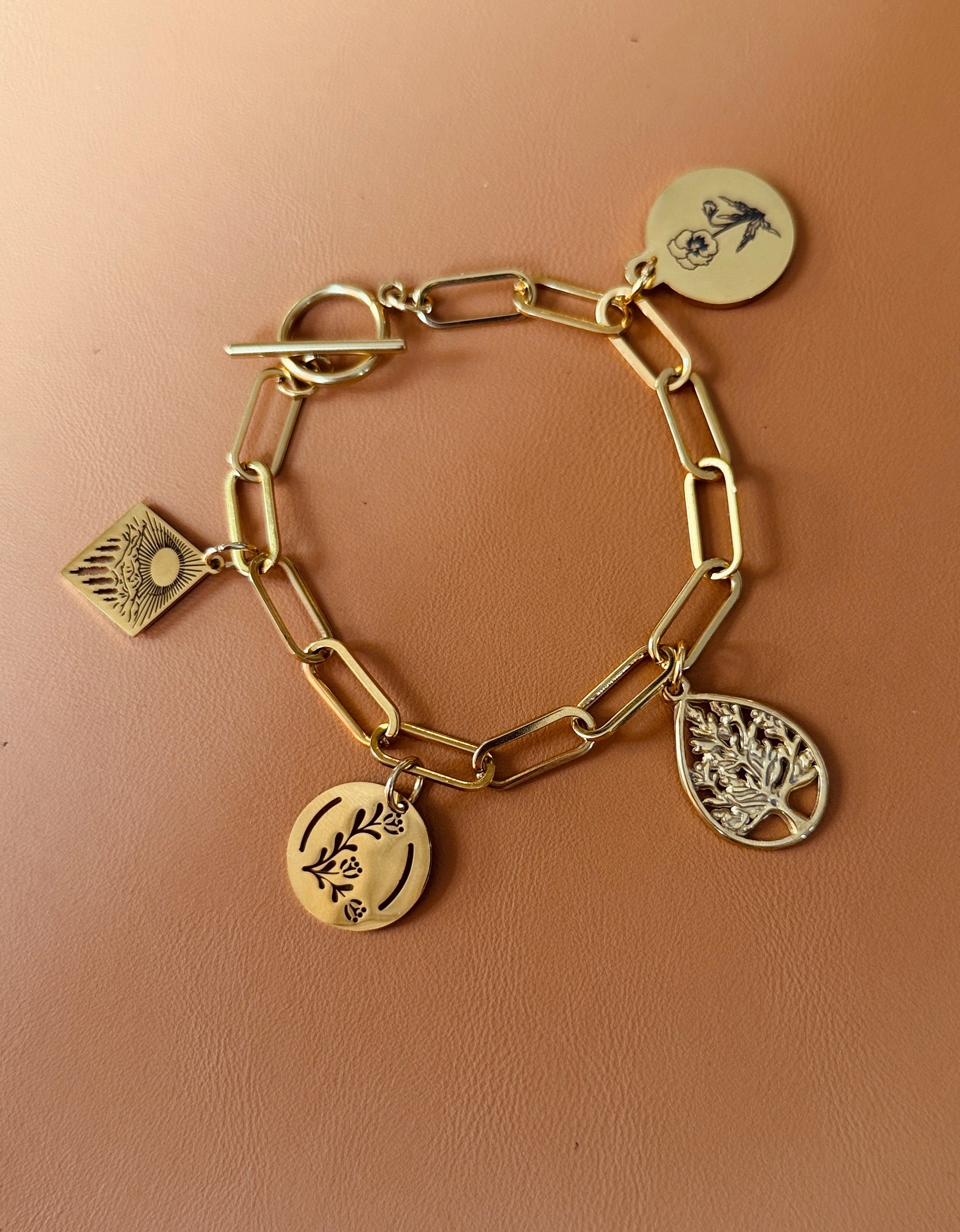 Gold Charm Bracelet (Floral/Nature Theme)