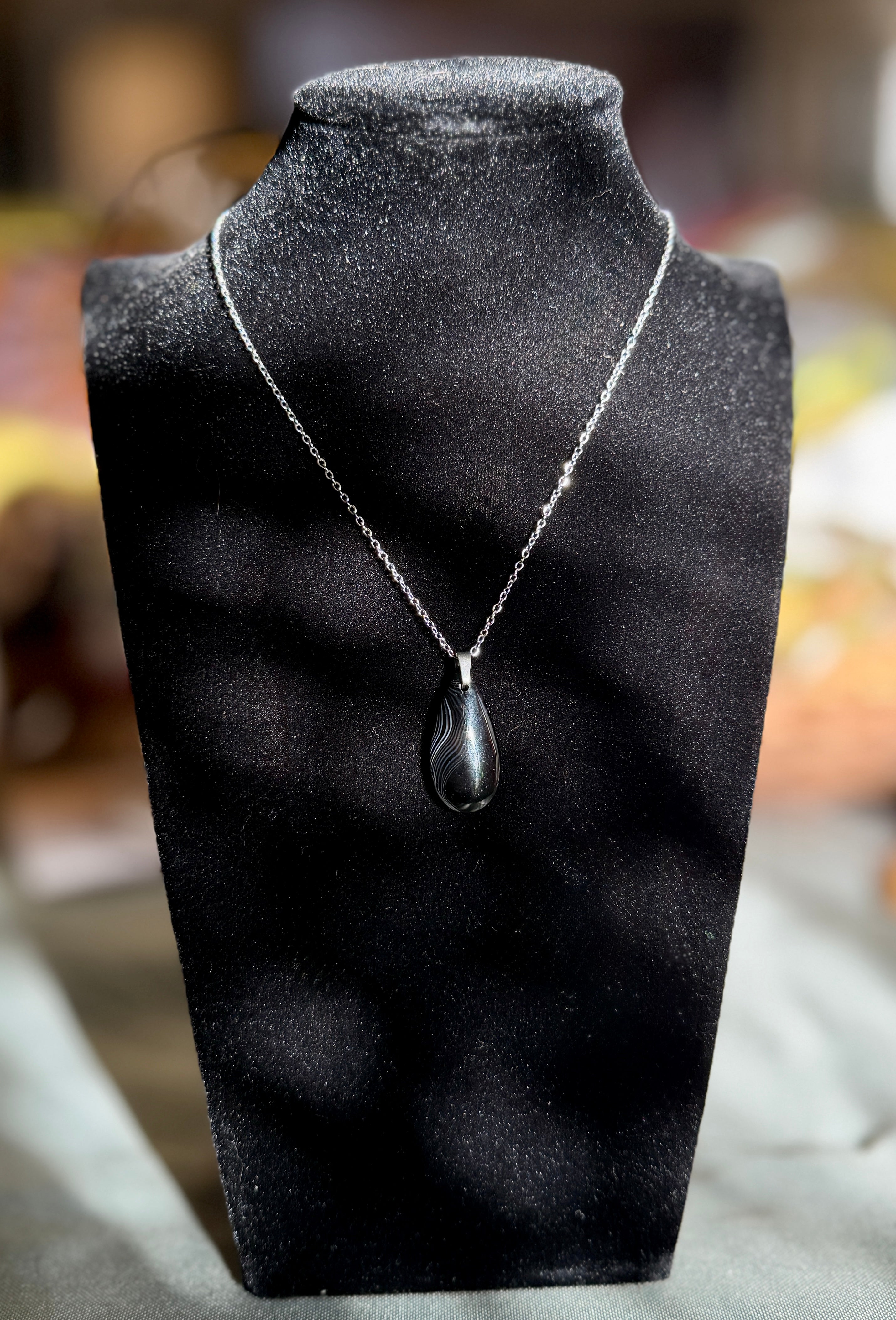 black agate necklace - silver cable chain