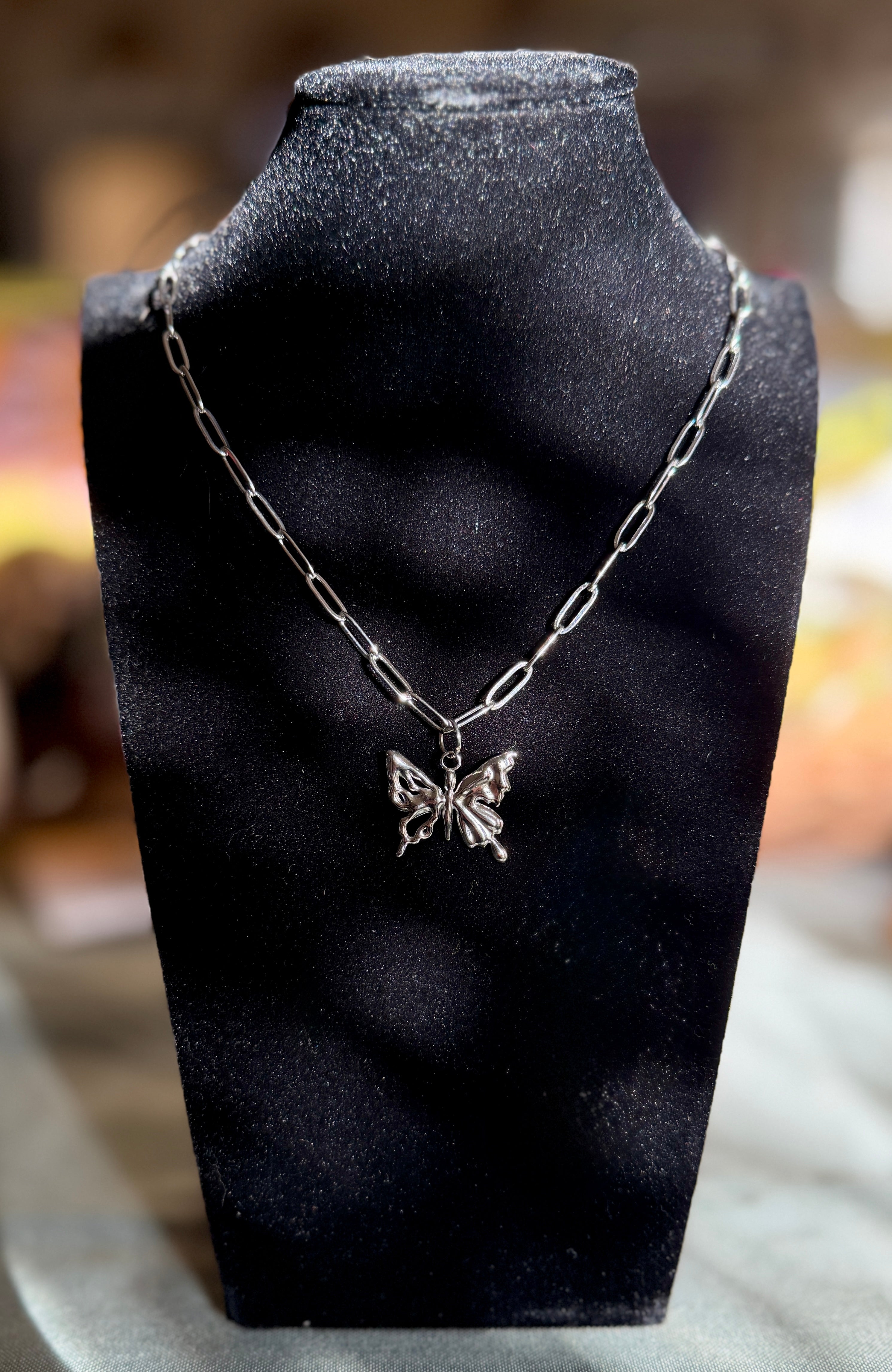 drippy butterfly necklace - silver paperclip chain