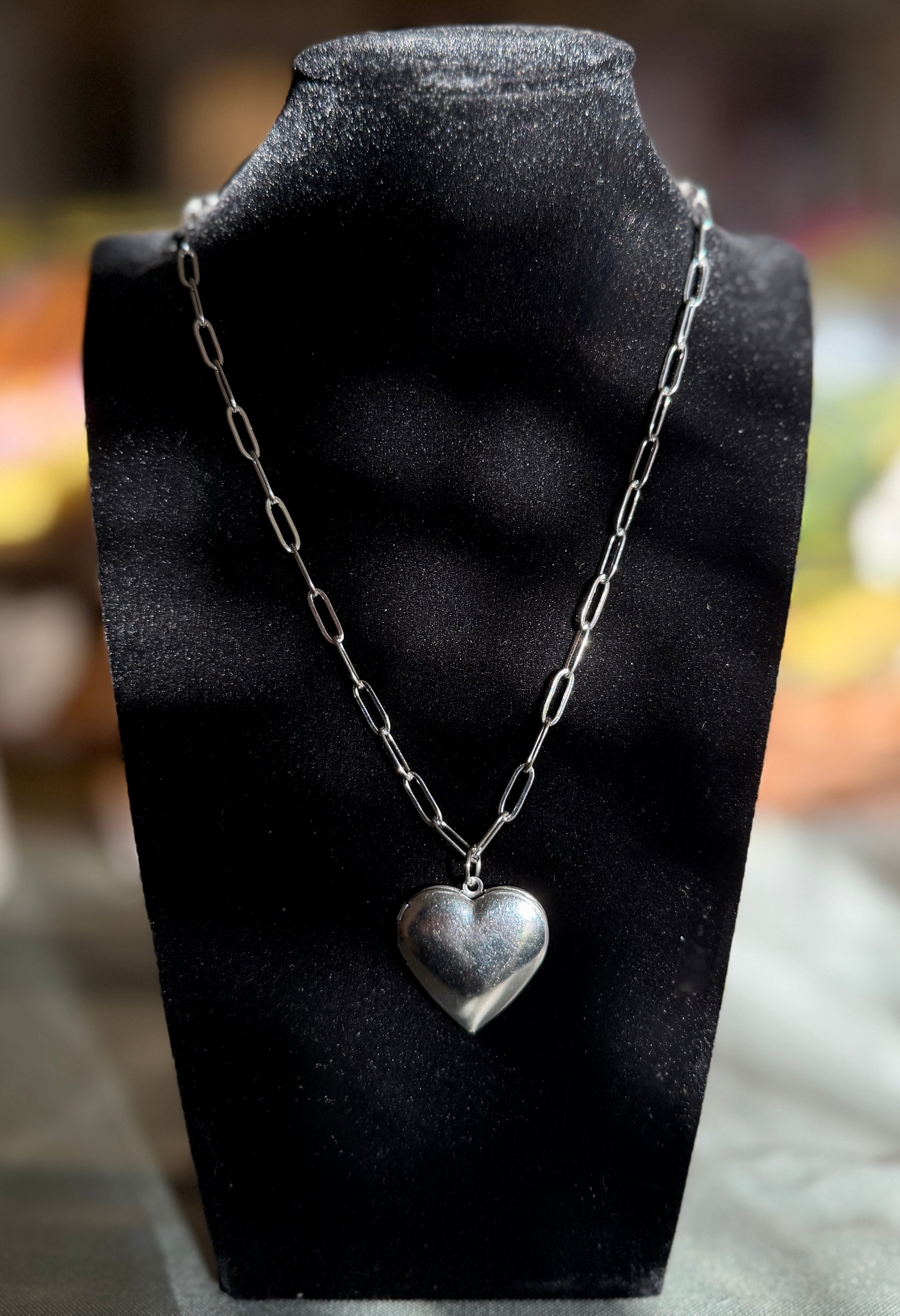 heart shaped locket - silver paperclip chain