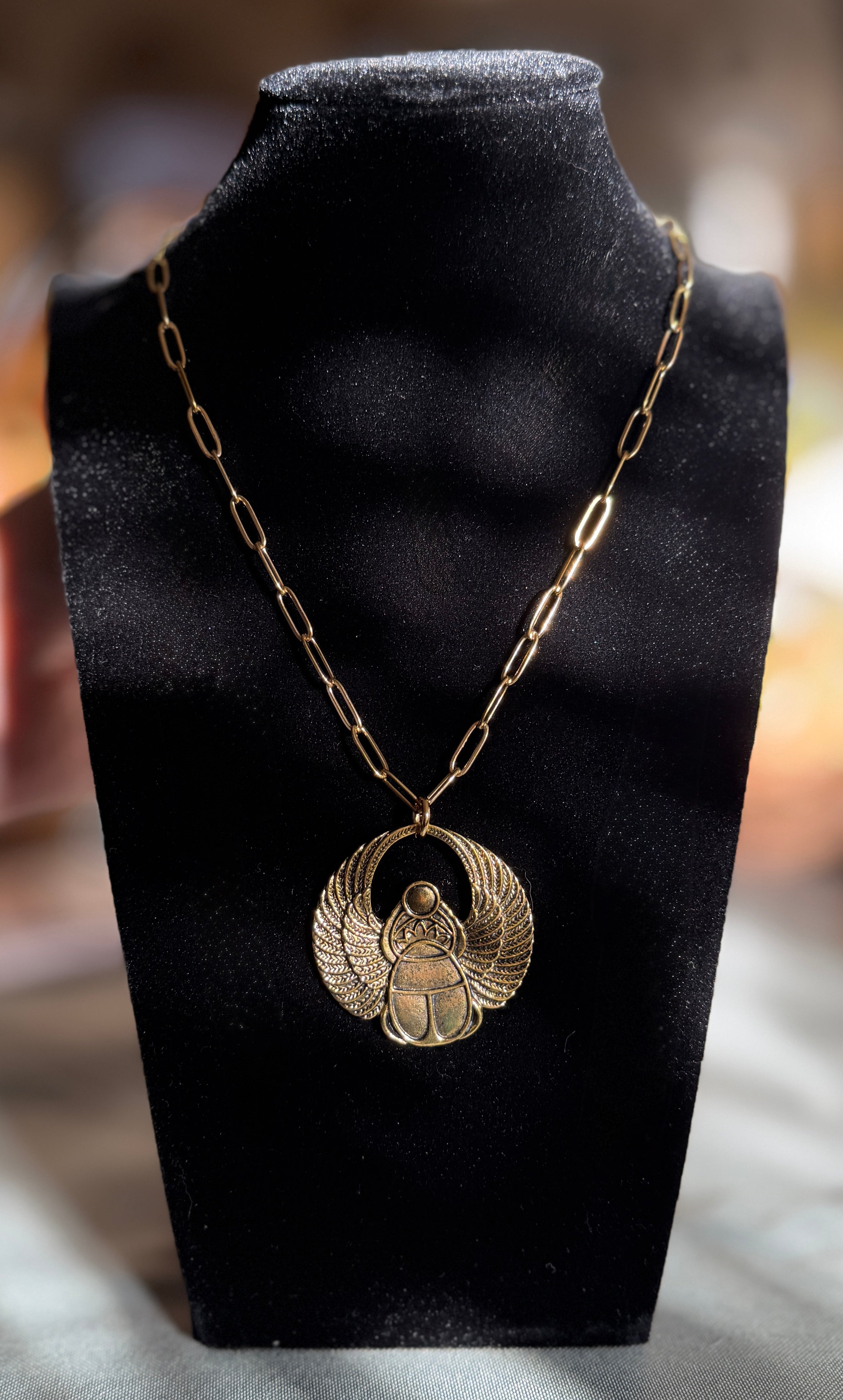 egyptian scarab necklace - gold paperclip chain