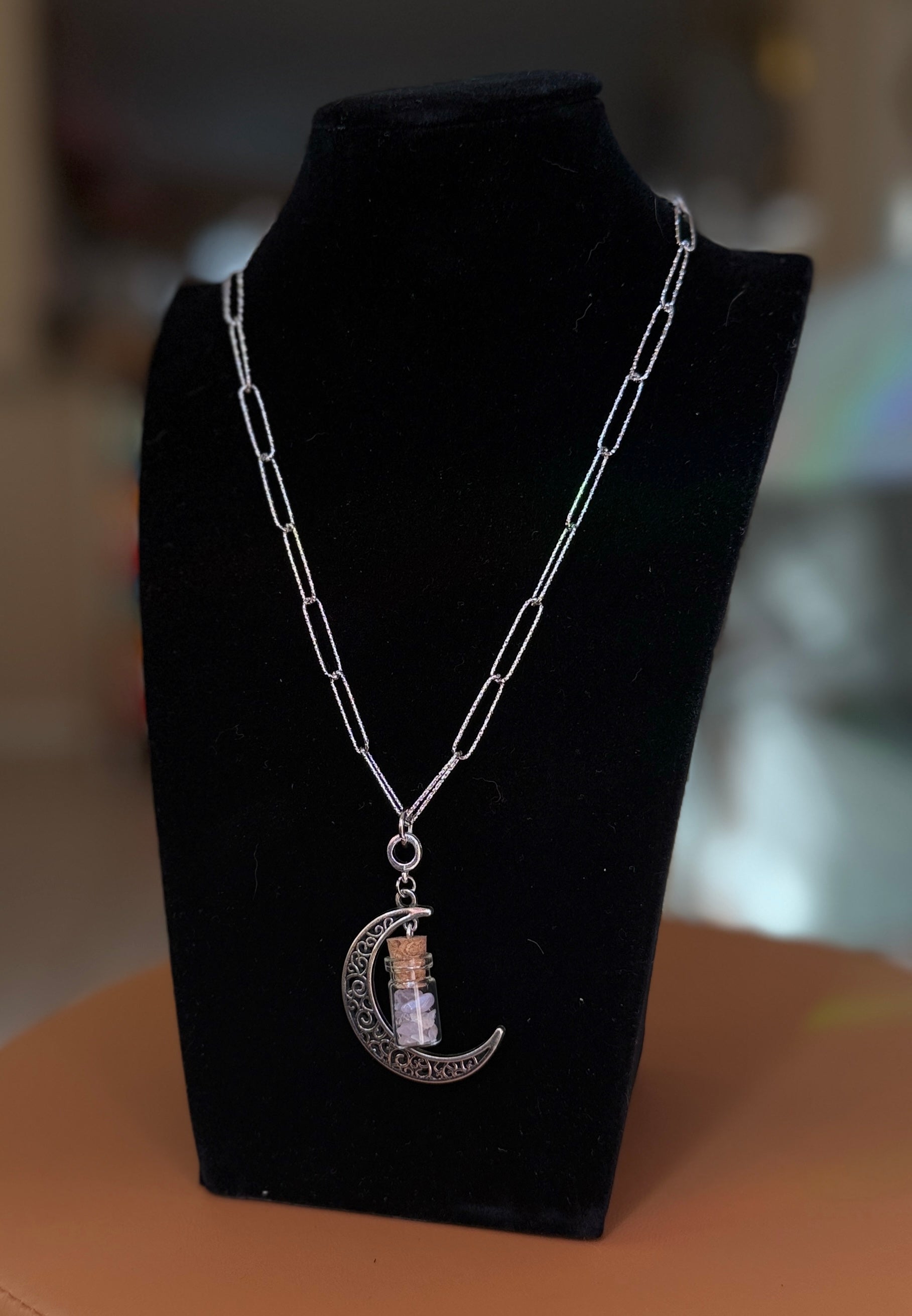 large moon necklace w/ amethyst jar - silver paperclip chain