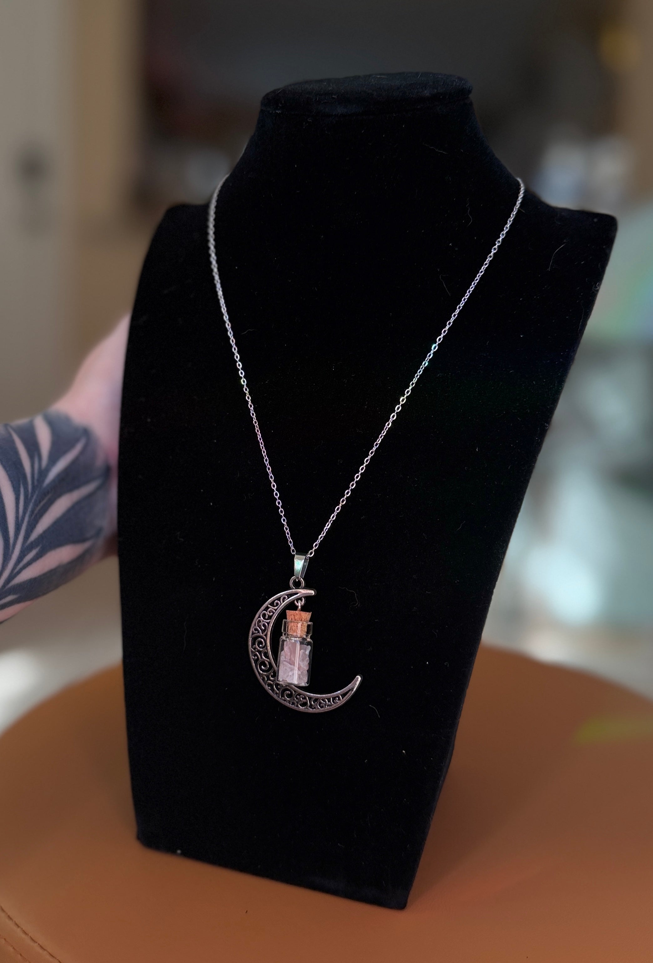 large moon necklace w/ rose quartz jar - silver cable chain