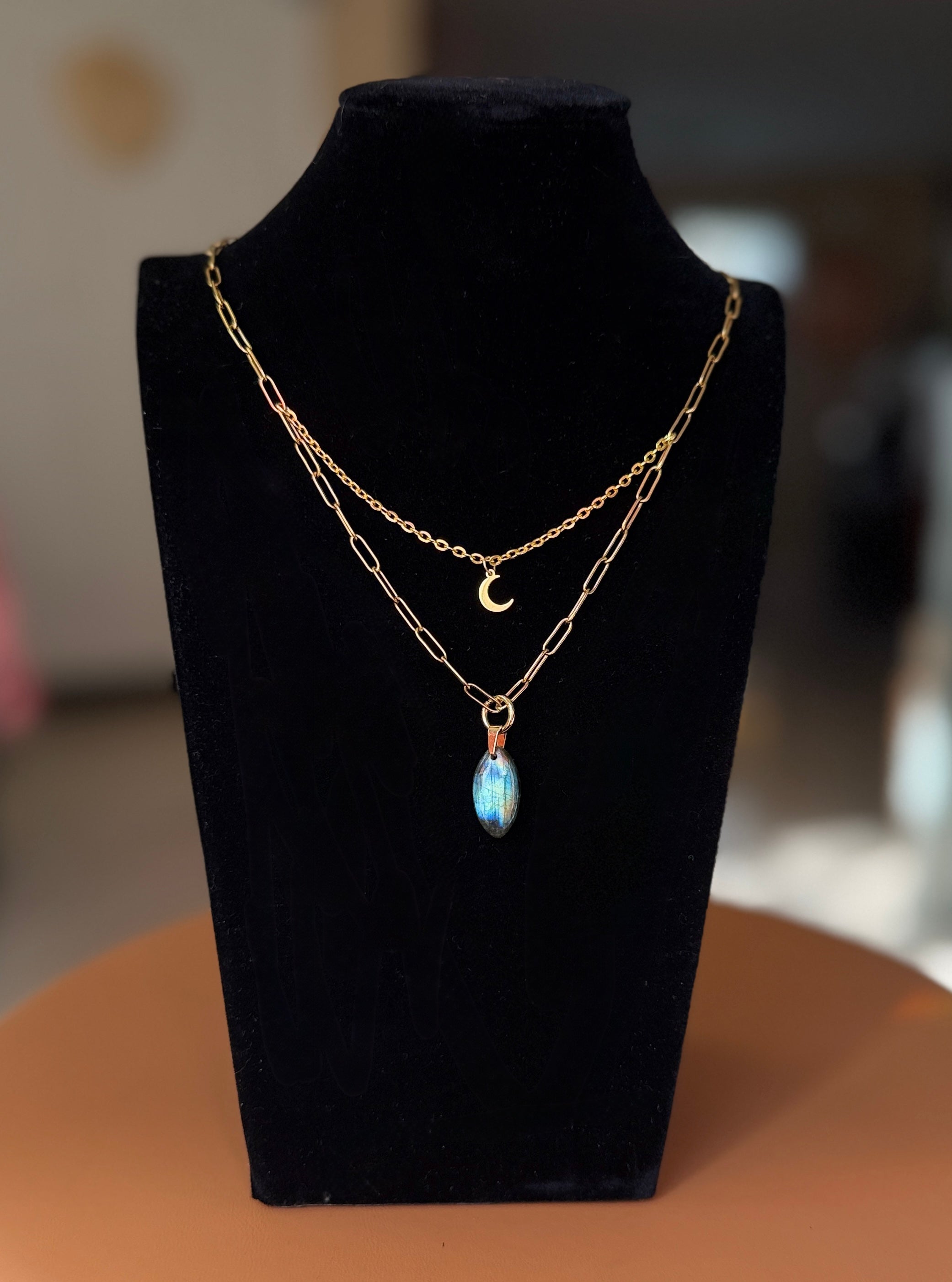 layered labradorite & moon necklace - gold