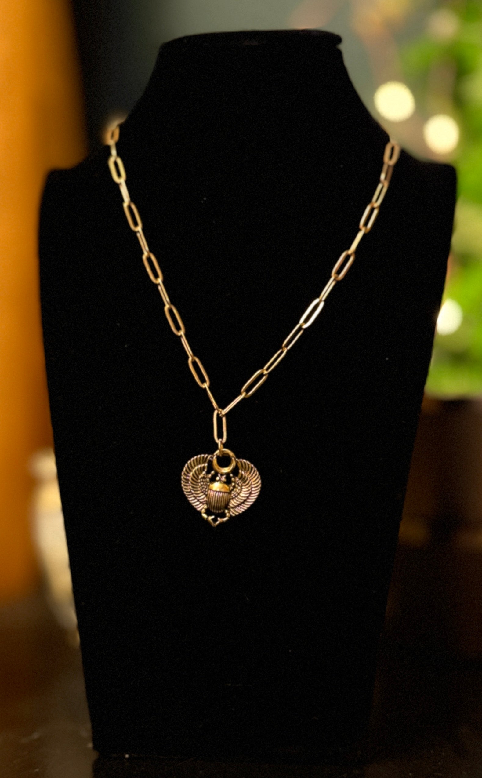 scarab necklace - gold paperclip chain