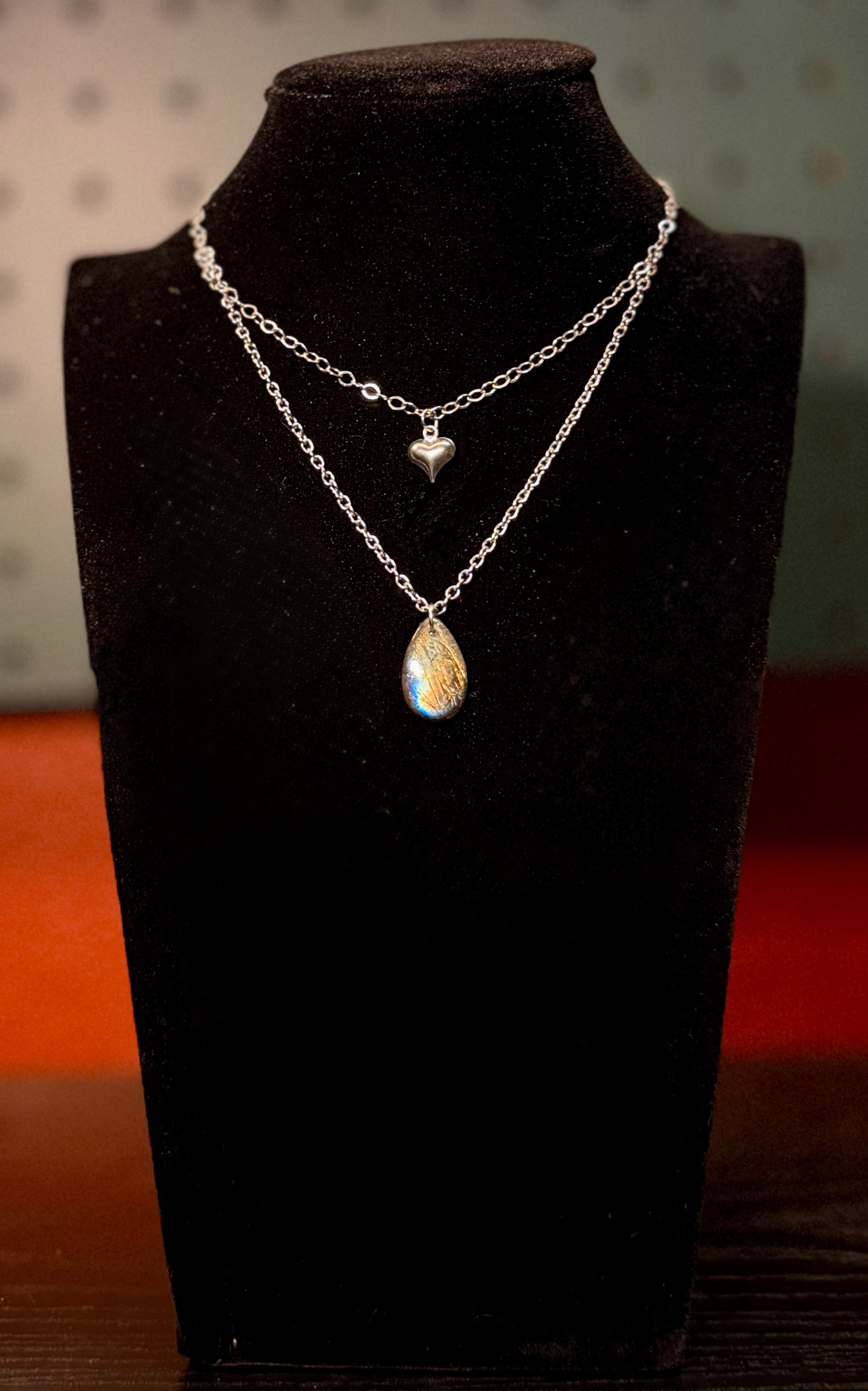 layered labradorite & heart necklace - silver