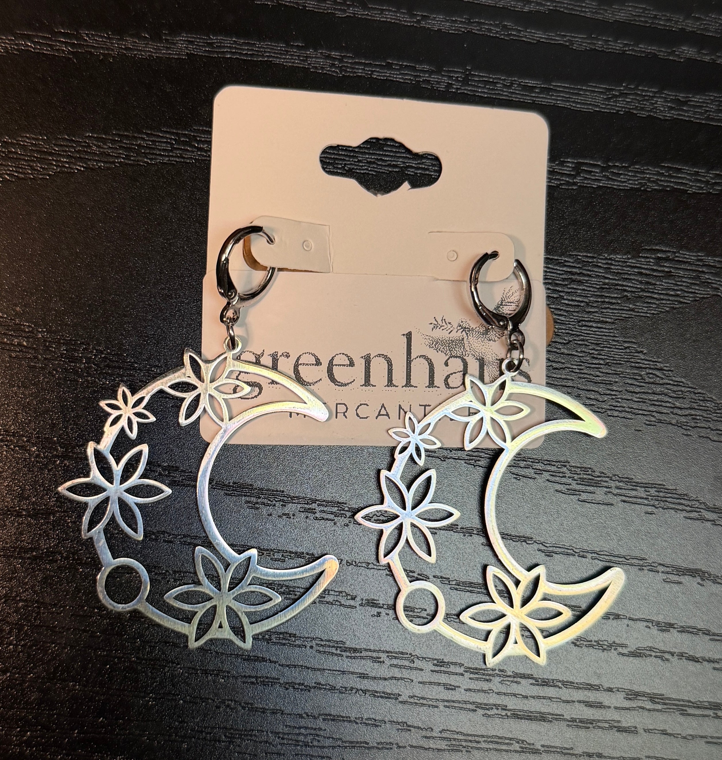 floral moon hoop earrings - silver