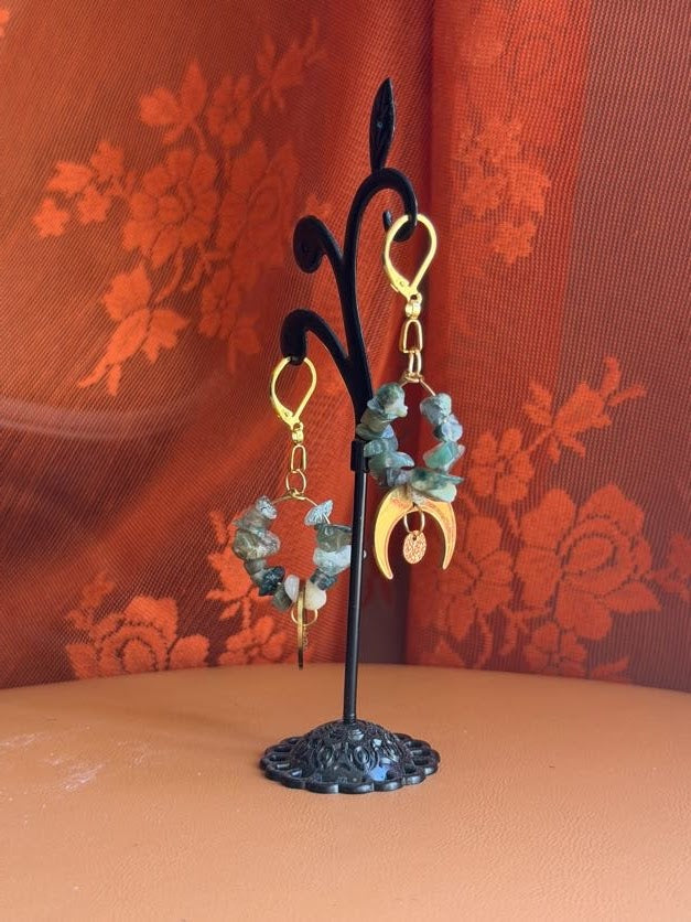 moss agate earrings w/ moons - gold