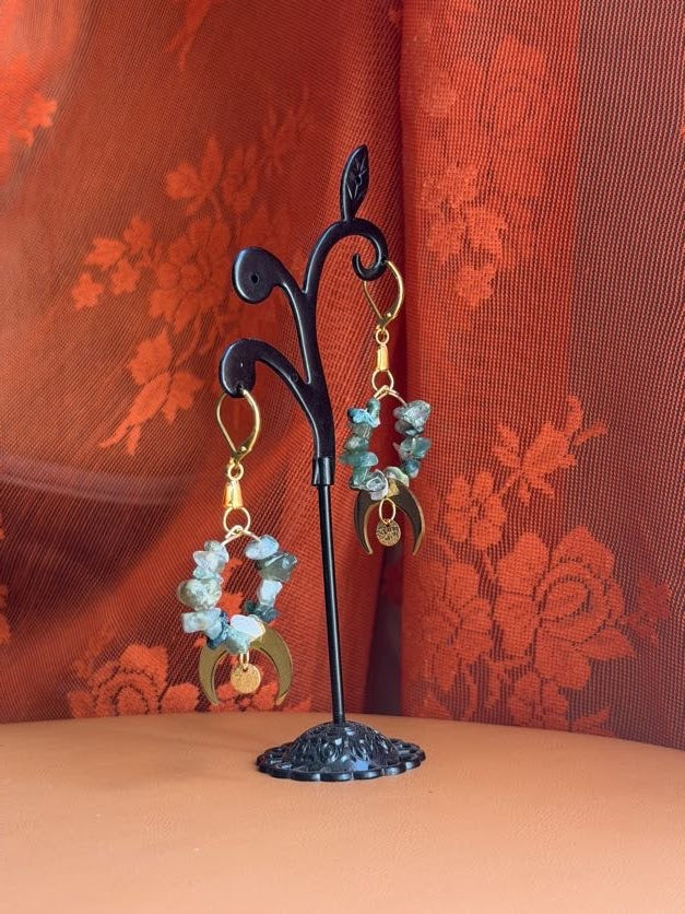 moss agate earrings w/ moons - gold