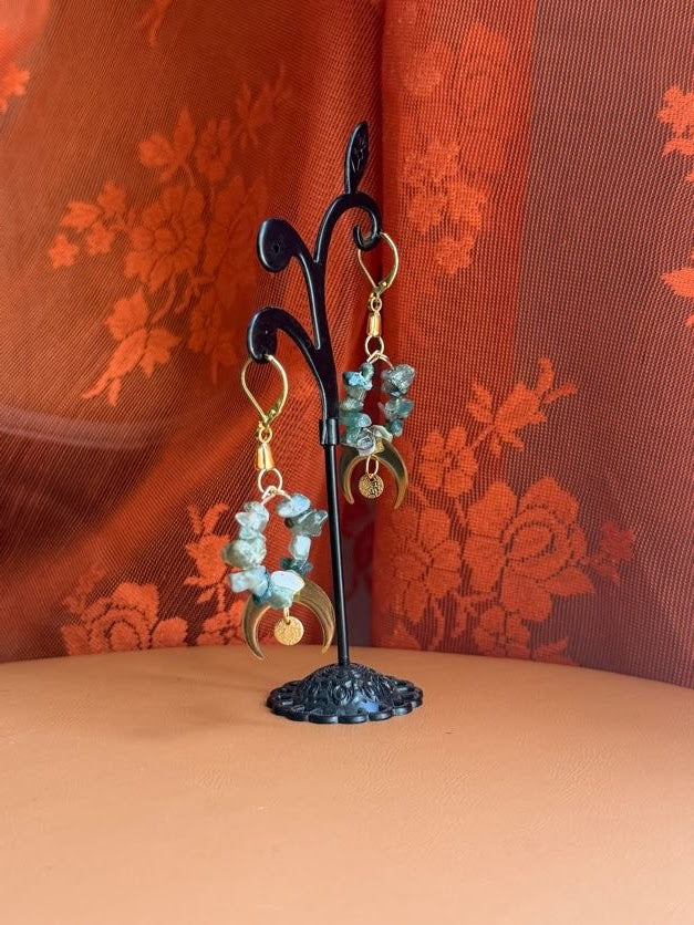moss agate earrings w/ moons - gold