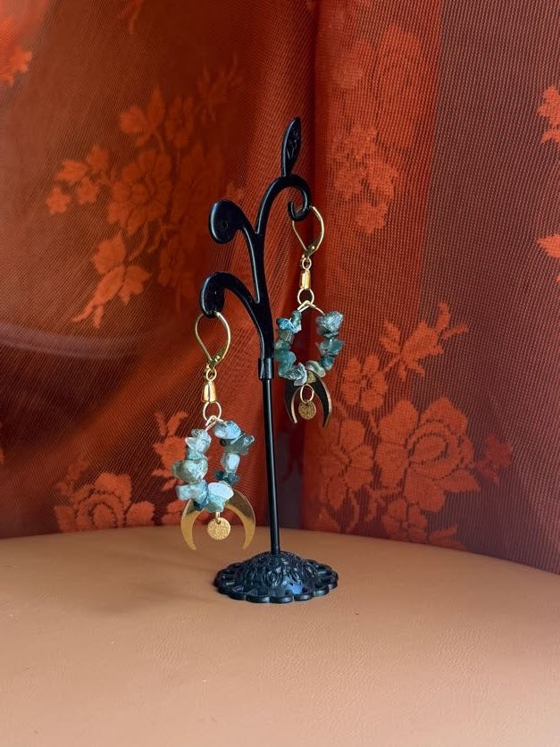 moss agate earrings w/ moons - gold