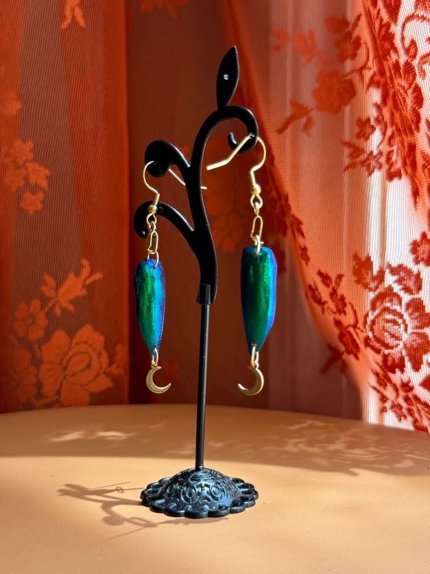 jewel beetle earwings - gold w/ moons