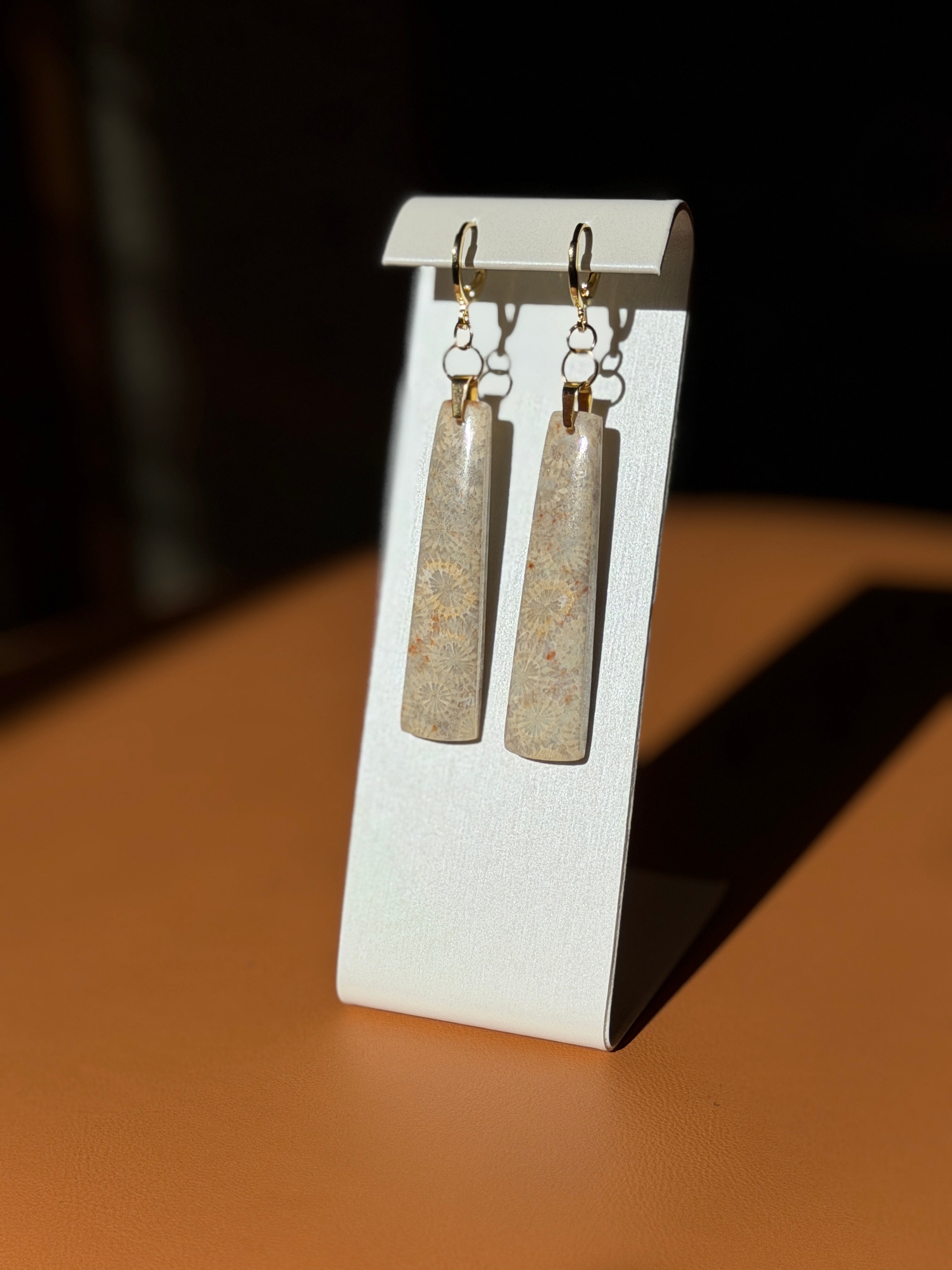 fossil coral gemstone earrings - gold