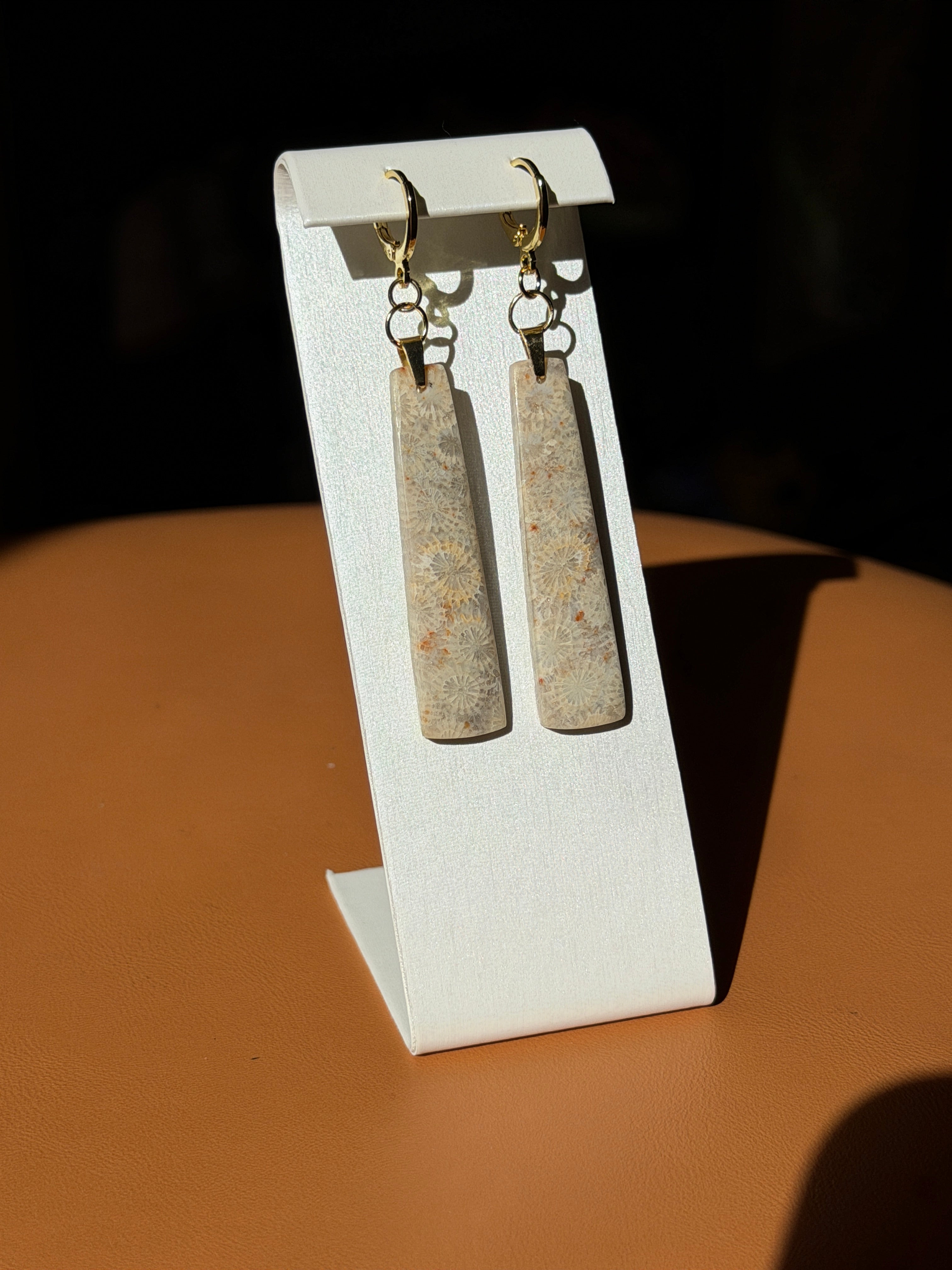 fossil coral gemstone earrings - gold