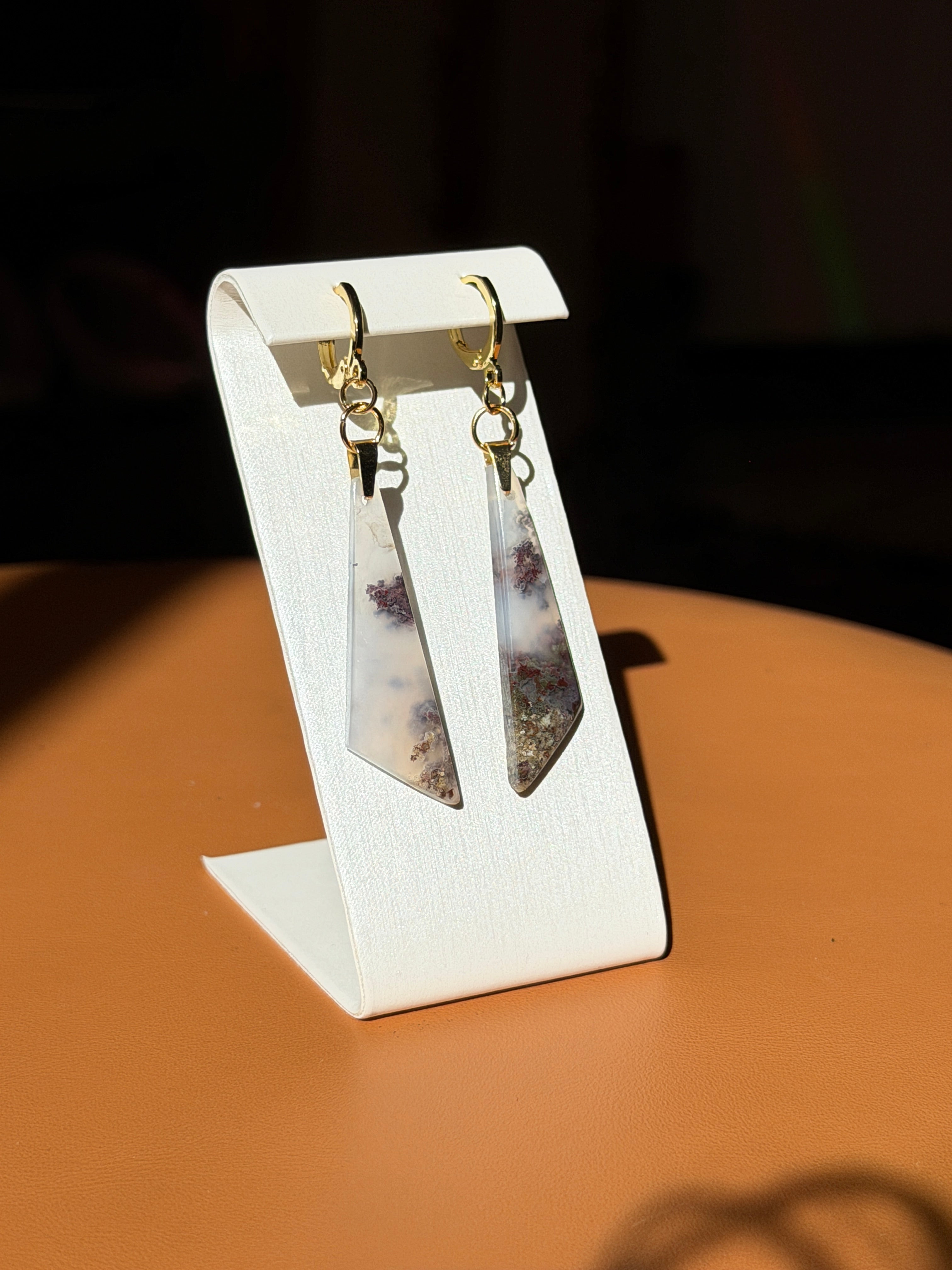 natural indonesian moss agate earrings - gold