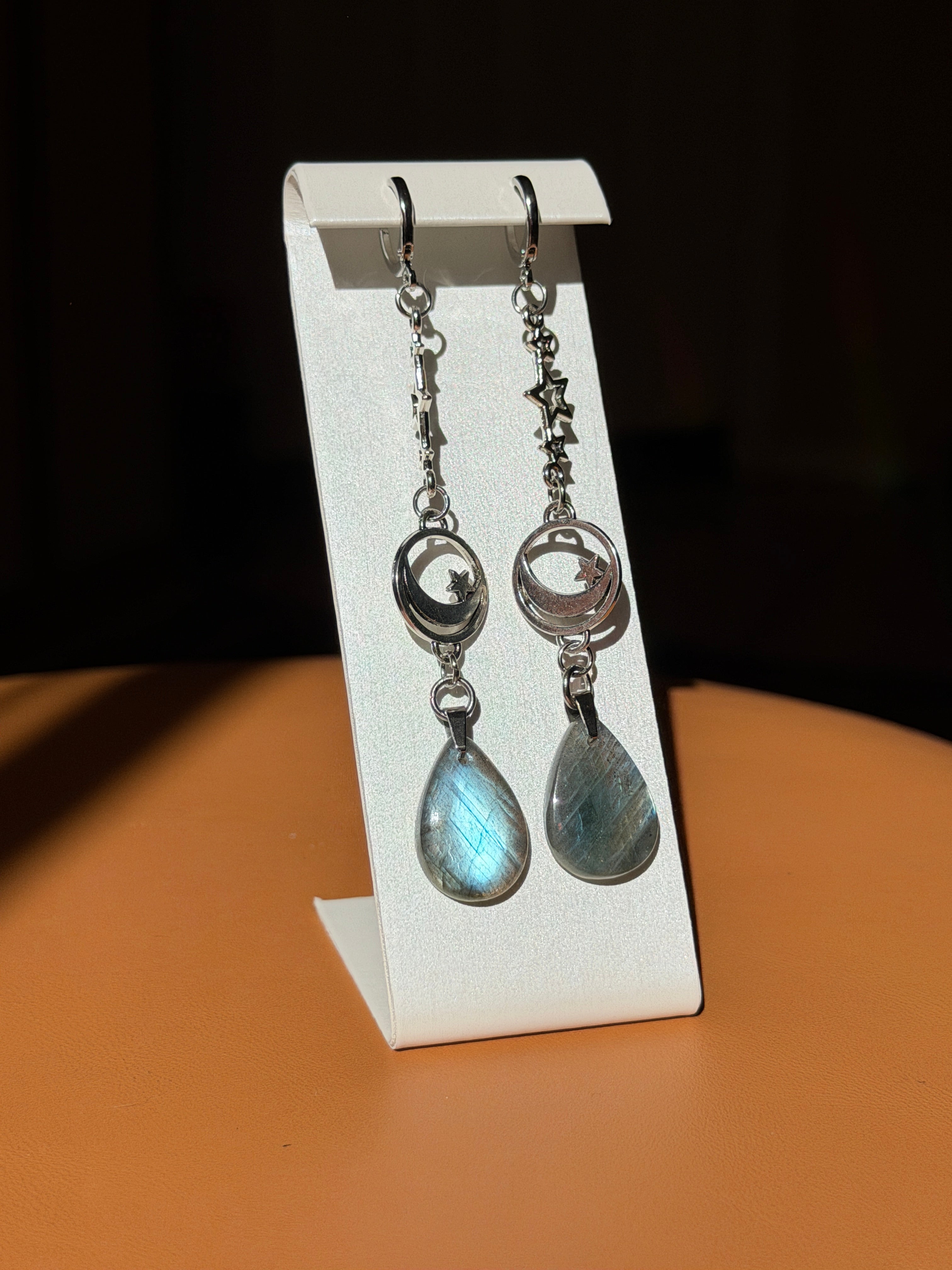 labradorite earrings w/ moon accents - silver