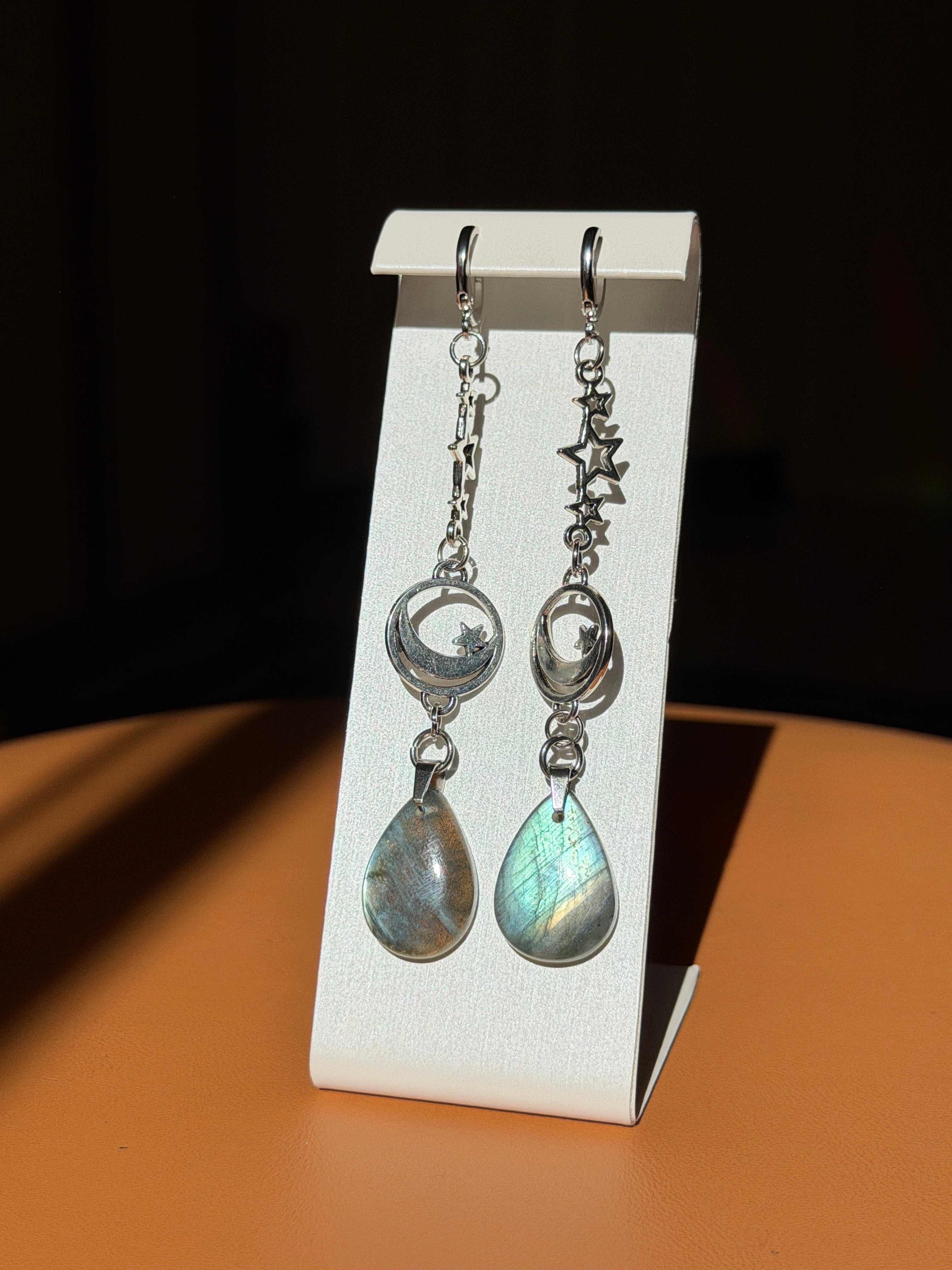 labradorite earrings w/ moon accents - silver
