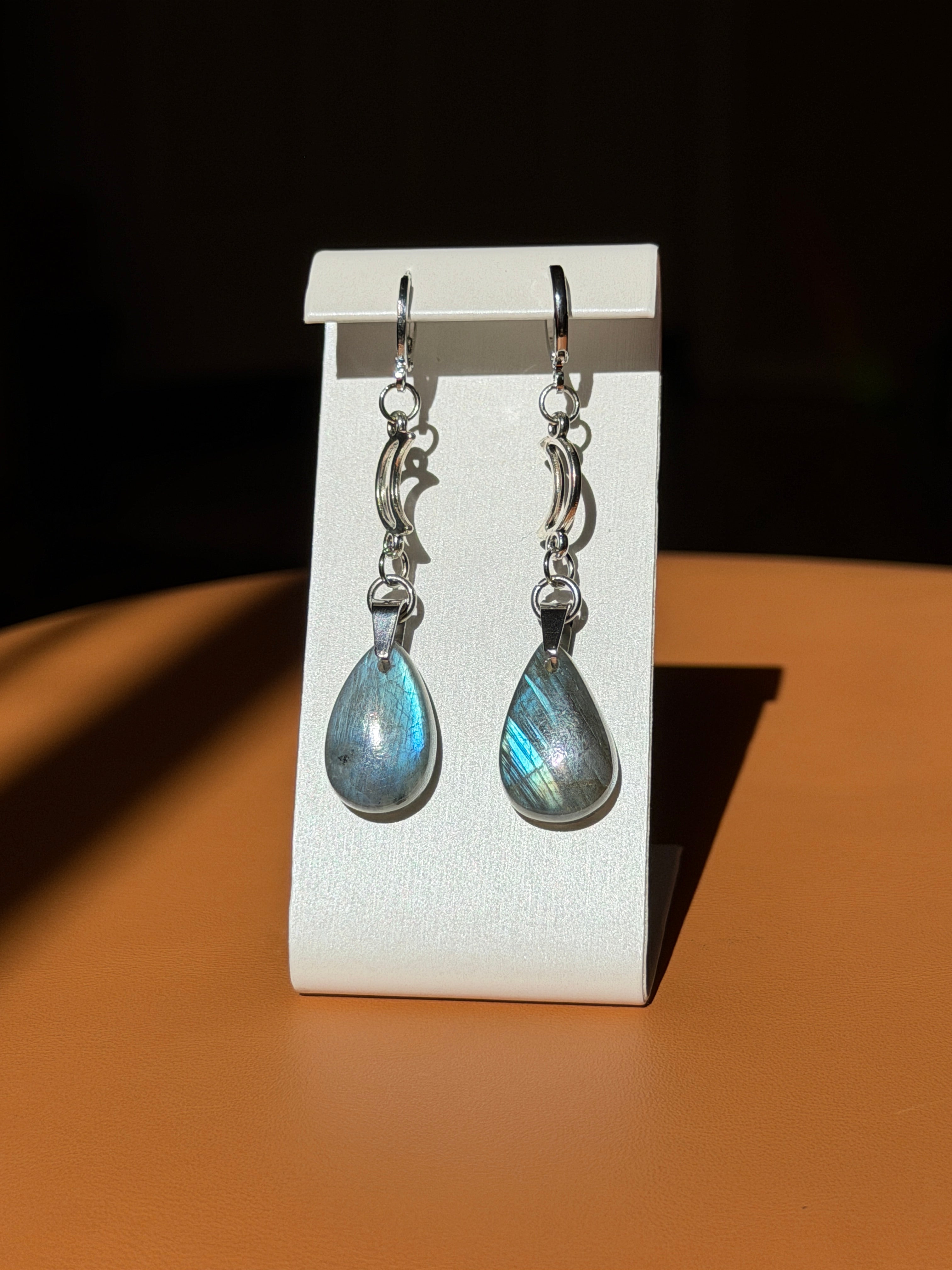 labradorite & moon earrings - silver
