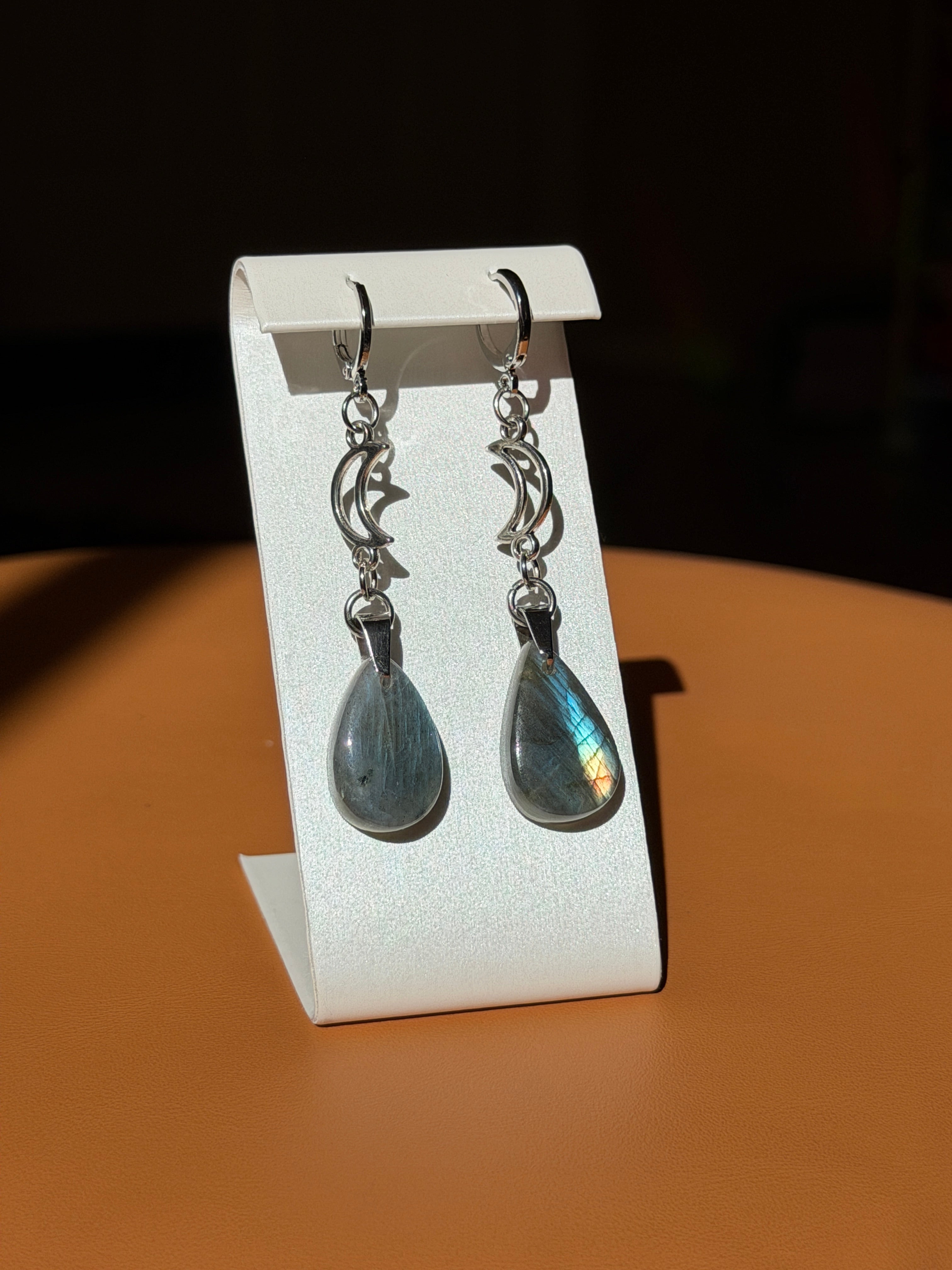 labradorite & moon earrings - silver
