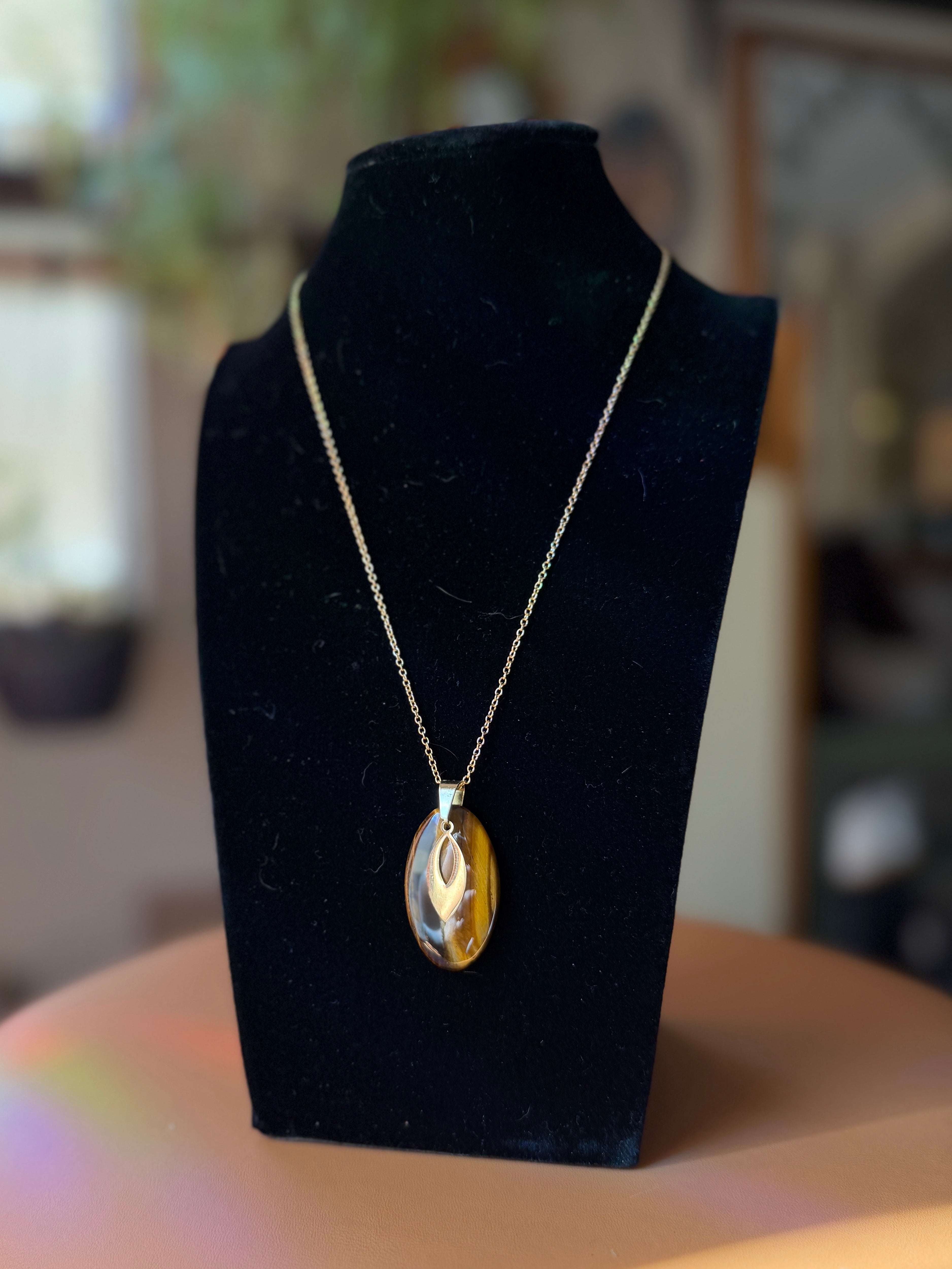 tigers eye necklace with gold pendant