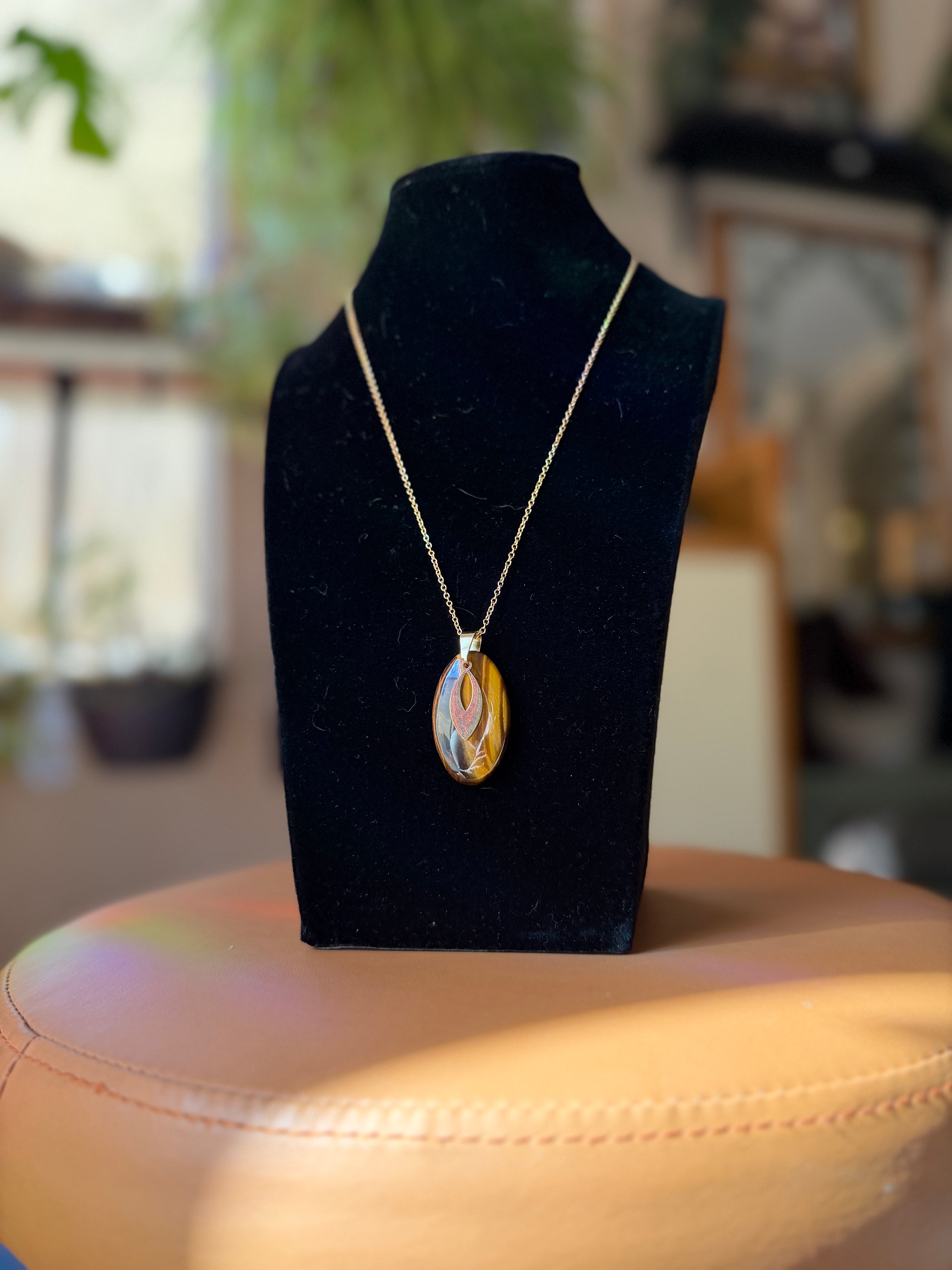 tigers eye necklace with gold pendant